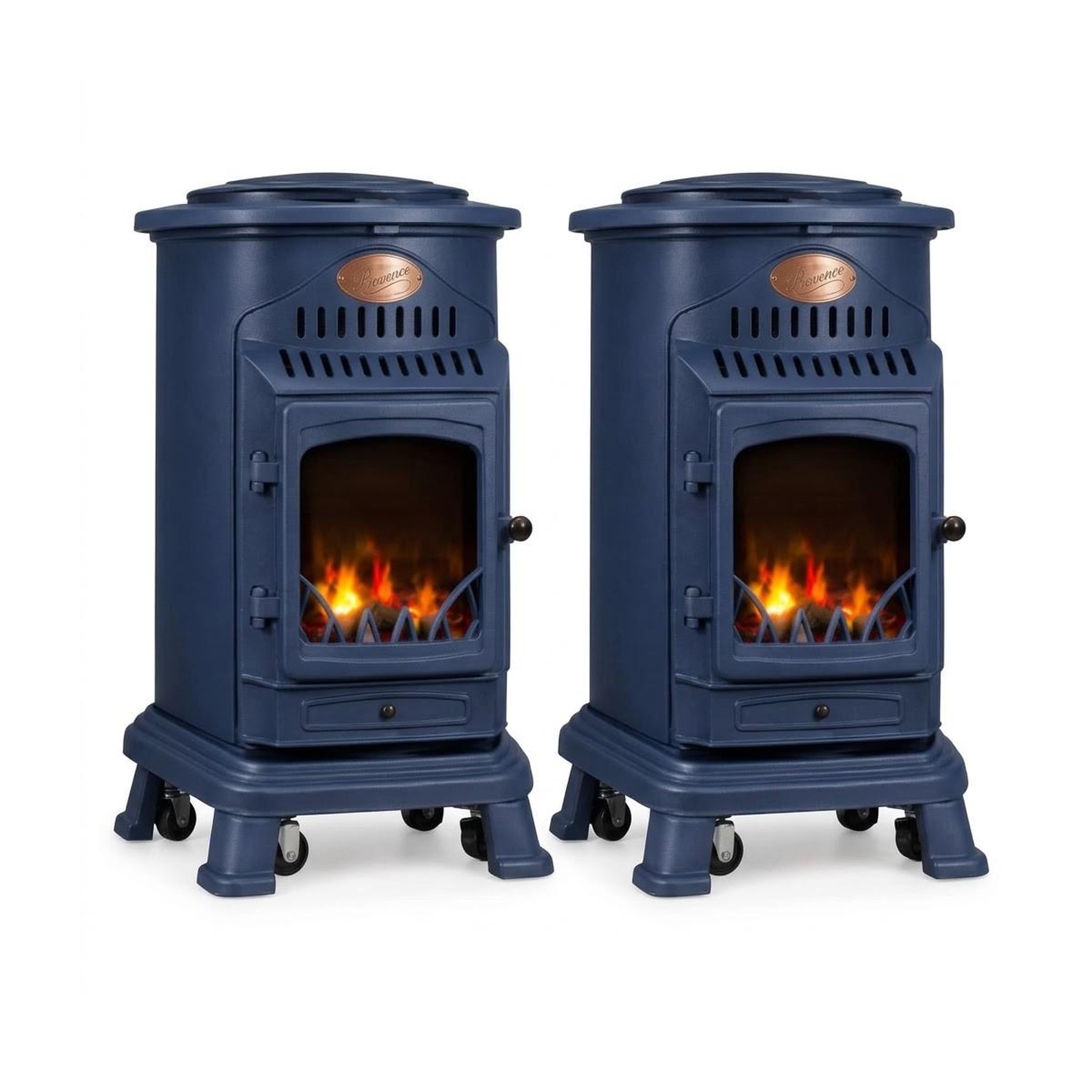 SAHARA Pack de 2 Poêles à gaz Bleu Nuit Provence en fonte 3,4KW Effet feu de bois Chauffage d'appoint gaz sur roues Sahara