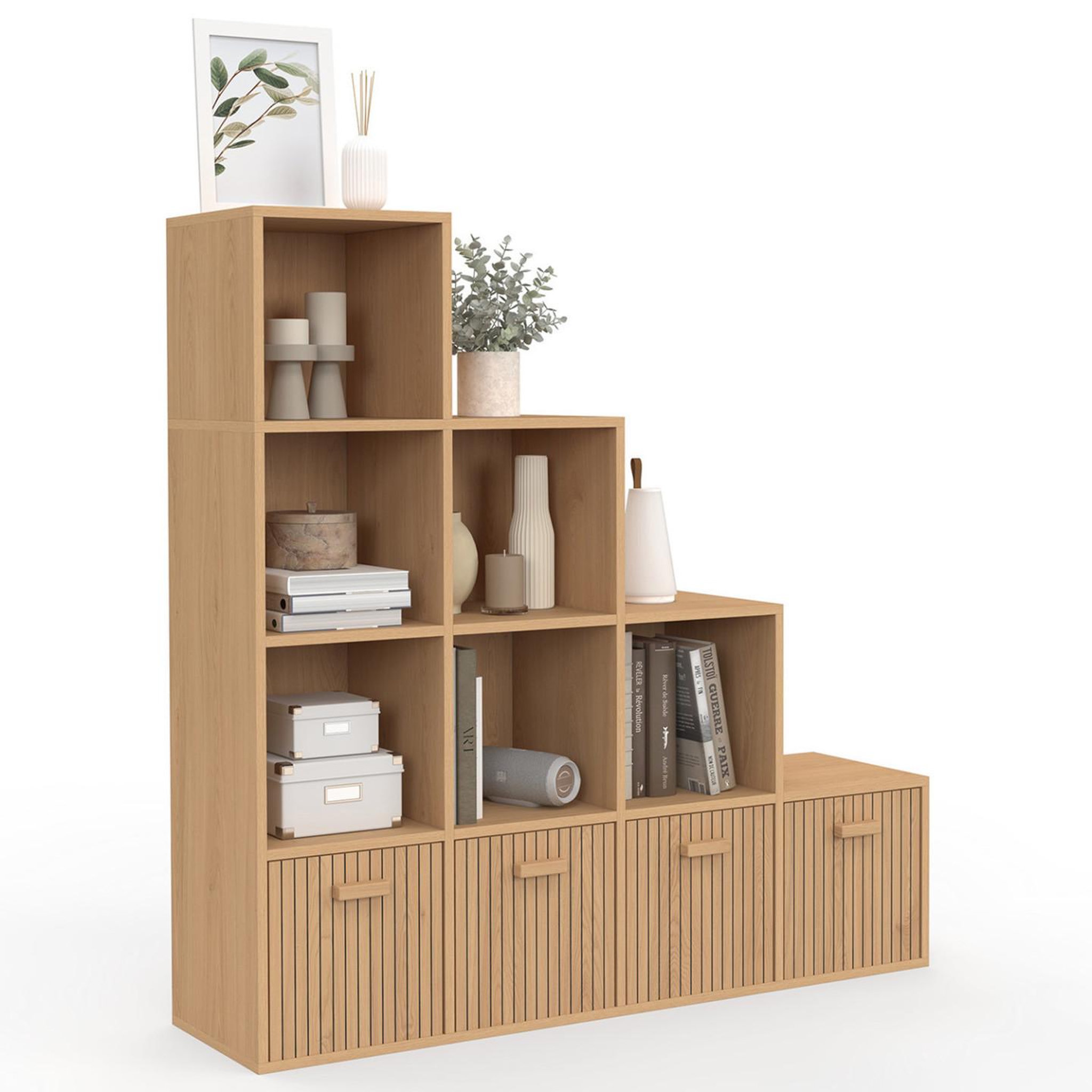 ID MARKET Meuble de rangement en escalier LORYS 4 niveaux effet lattes JULIETTE avec 4 tiroirs en tissu