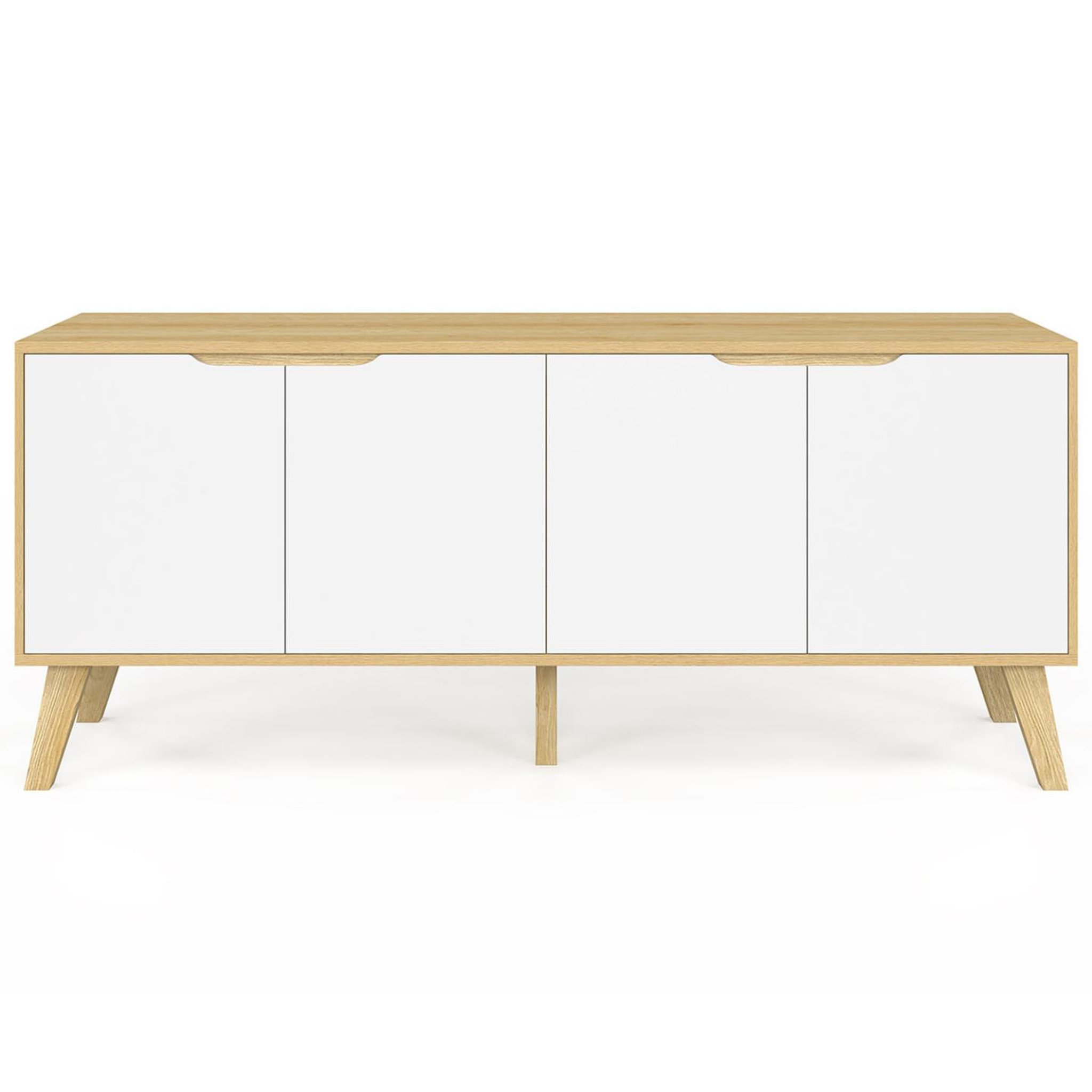 Voir la diapositive 3 : ID MARKET Buffet bas scandinave 140 cm finn  4 portes blanc et bois façon hêtre