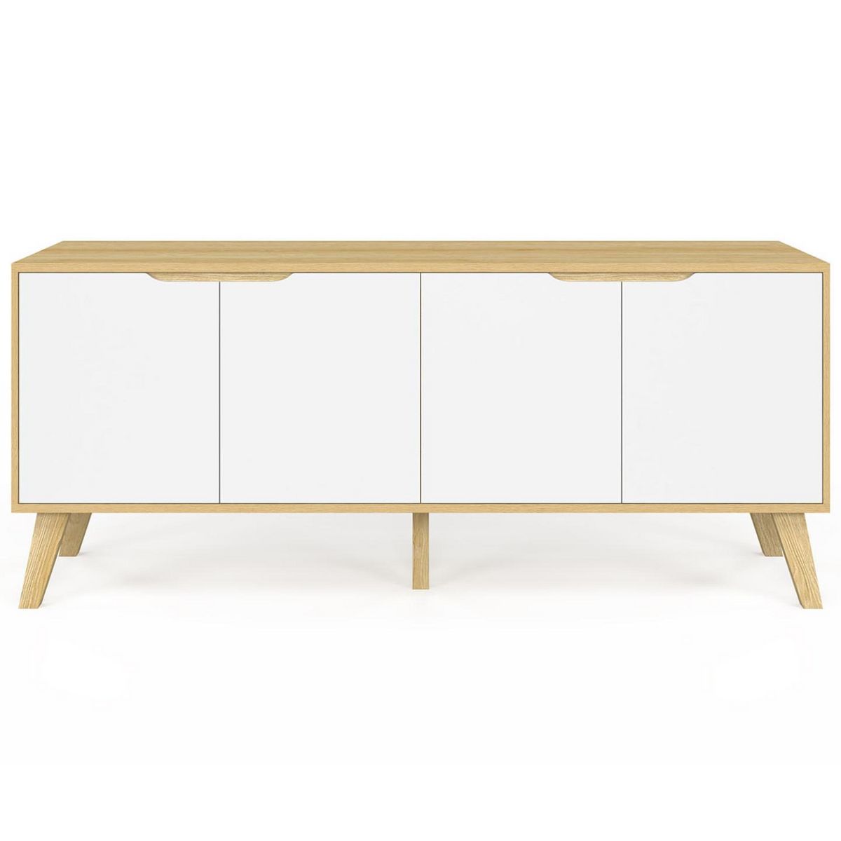 ID MARKET Buffet bas scandinave 140 cm FINN  4 portes blanc et bois façon hêtre