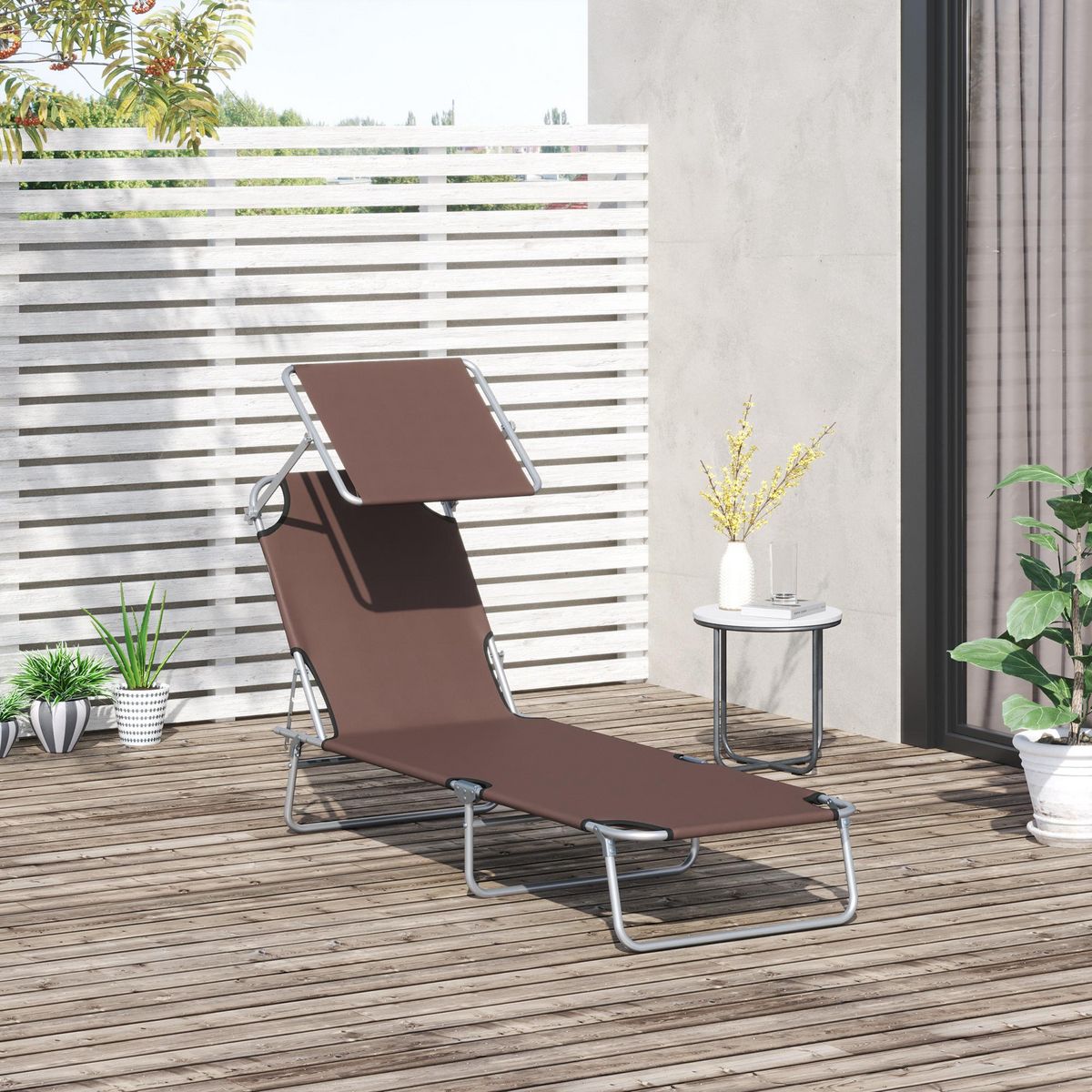 OUTSUNNY Transat bain de soleil pliable grand confort dossier et pare-soleil réglable multi-positions chocolat