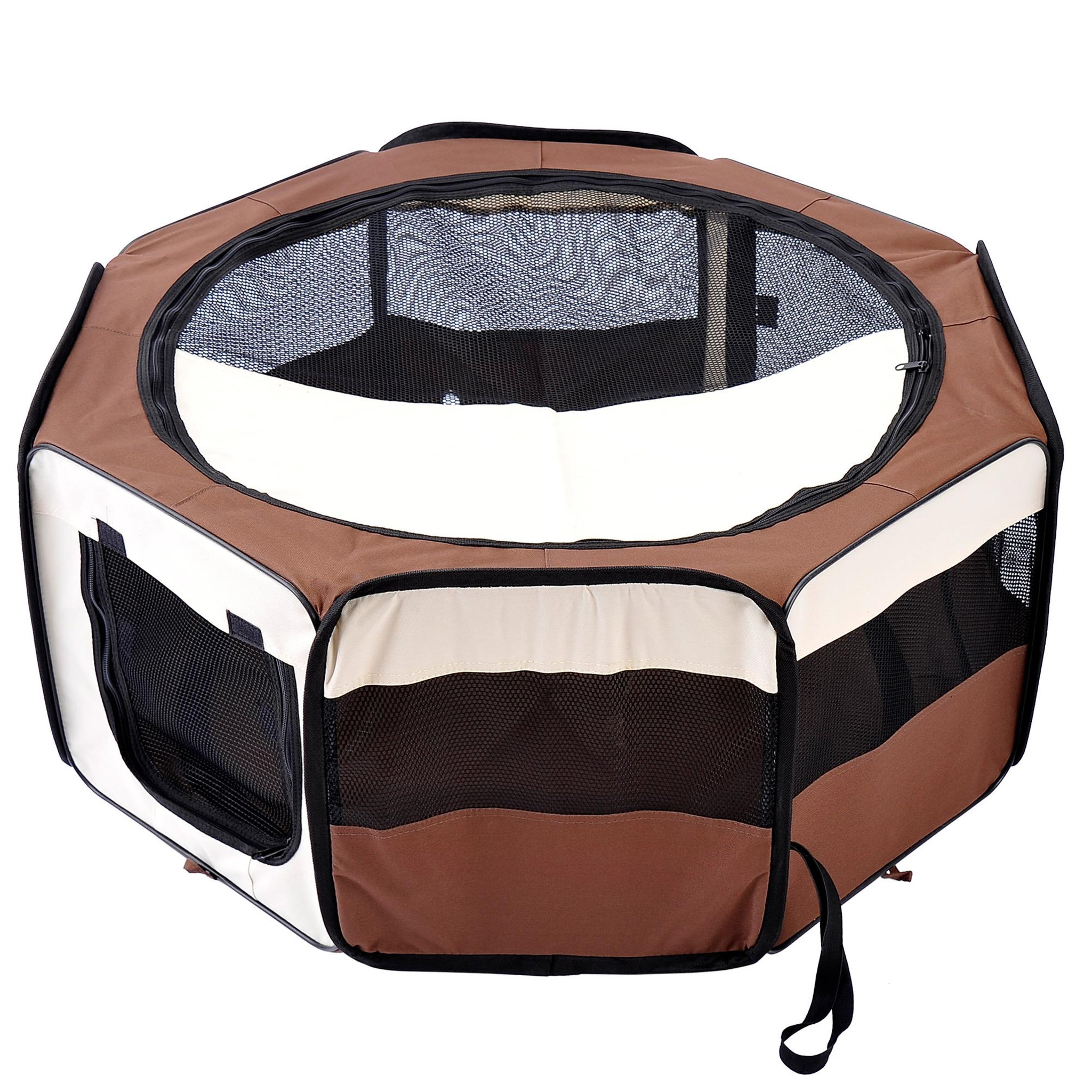 Voir la diapositive 2 : PAWHUT Parc enclos pliable chien chat Ø 90 x 41H cm - 2 portes, 2 poches, sac transport - acier Oxford marron beige