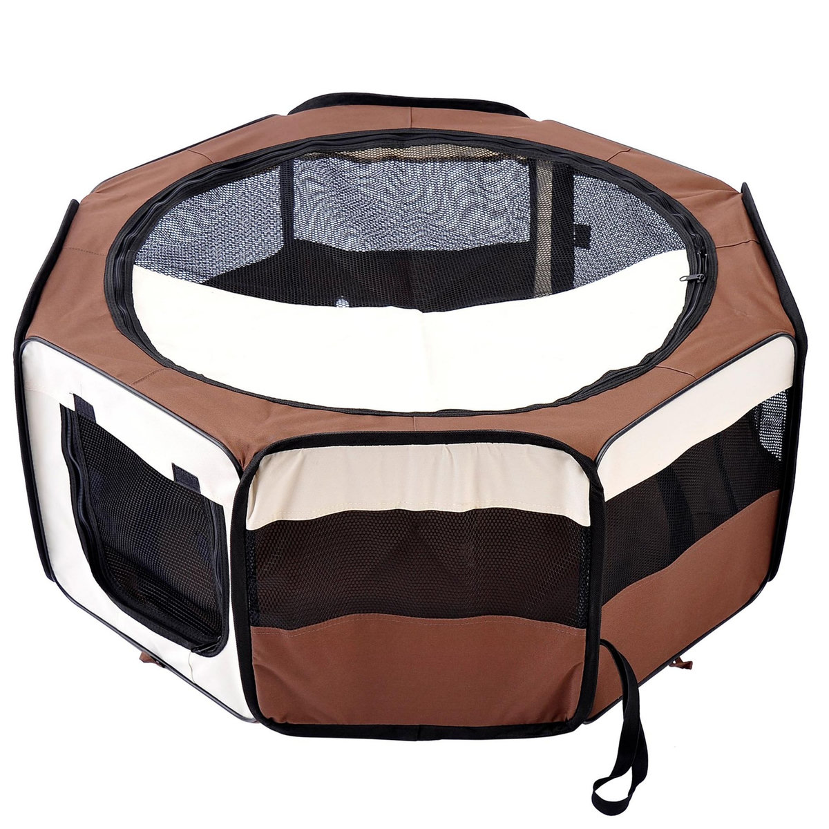 PAWHUT Parc enclos pliable chien chat Ø 90 x 41H cm - 2 portes, 2 poches, sac transport - acier Oxford marron beige