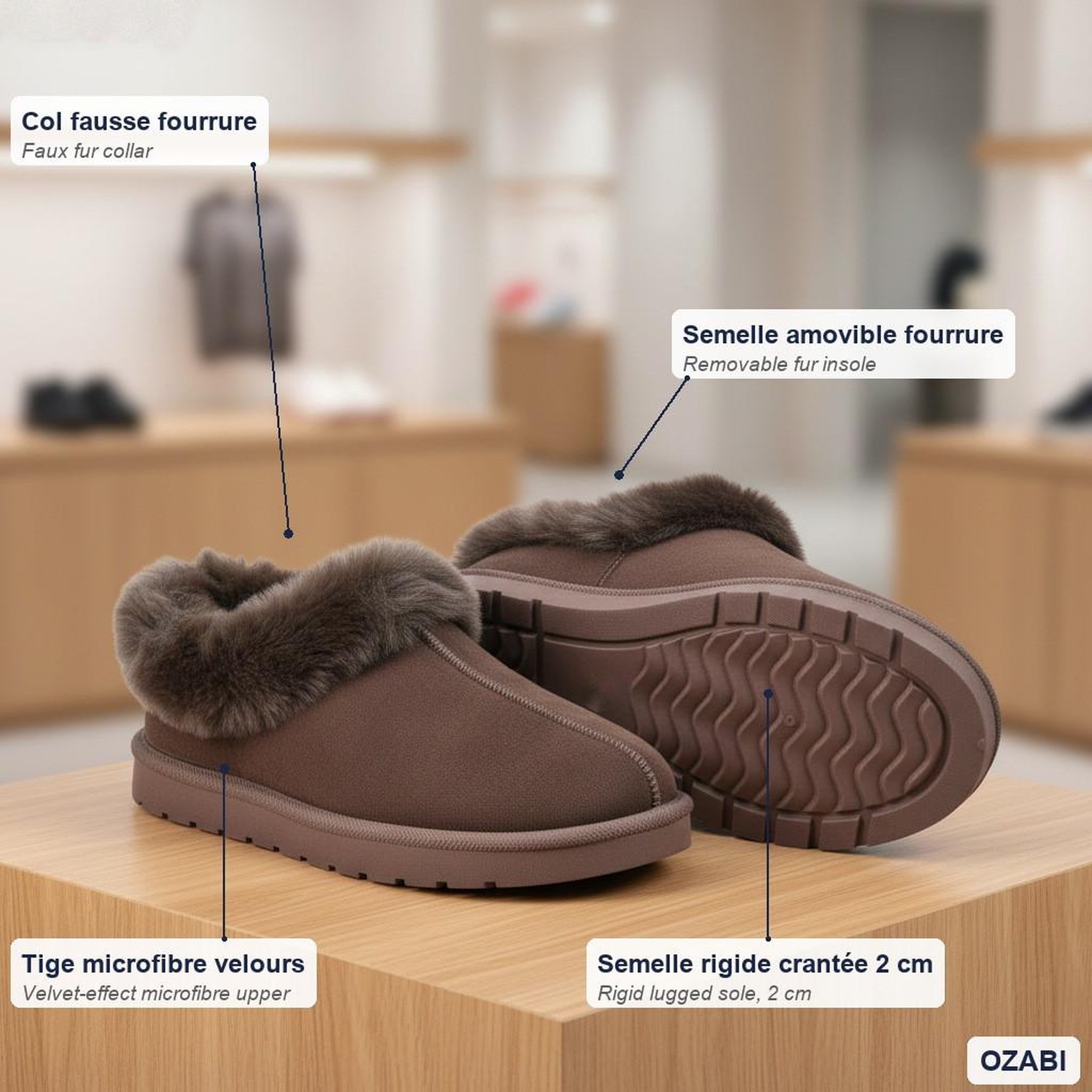 Voir la diapositive 4 : OZABI OZABI Pantoufles Femme Hiver Scandinave, Semelle Crantée Intérieur Extérieur