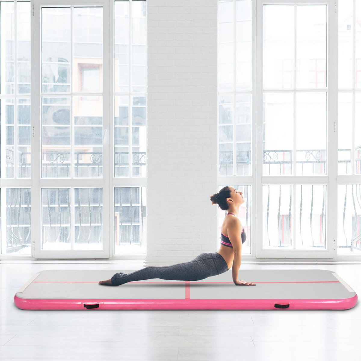 HOMCOM Airtrack tapis de gymnastique gonflable tapis de tumbling entraînement avec pompe à air électrique dim. 300L x 100l x 10H cm tissu stratifié PVC rose