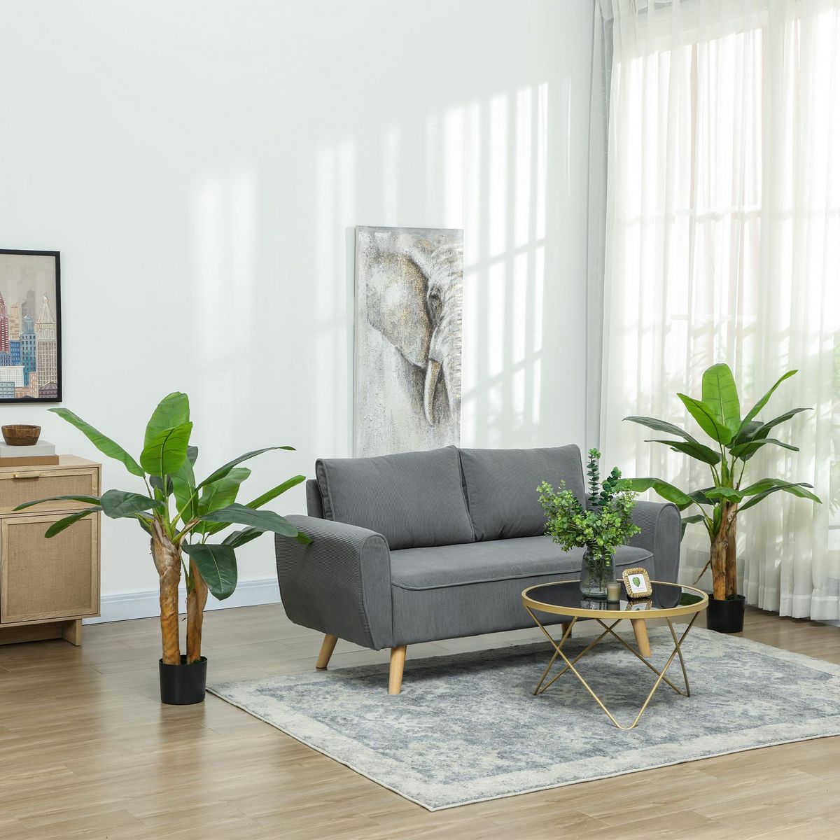 HOMCOM Lot de 2 plantes artificielles bananiers H.120 cm - grand réalisme - 15 feuilles - mousse effet lichen pots inclus