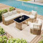 MERAX Salon de jardin 5 places avec canapé 3 places, 2 fauteuils et table verre,beige blanc
