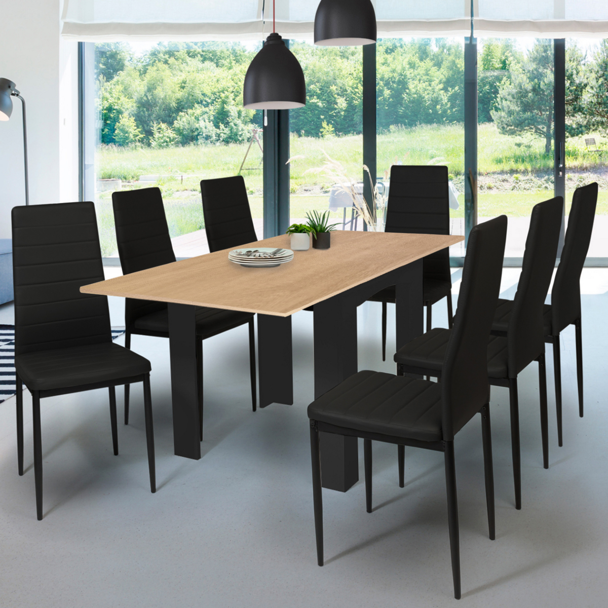 ID MARKET Table à manger extensible rectangle DONA 4-8 personnes noire plateau façon hêtre 80-160 cm