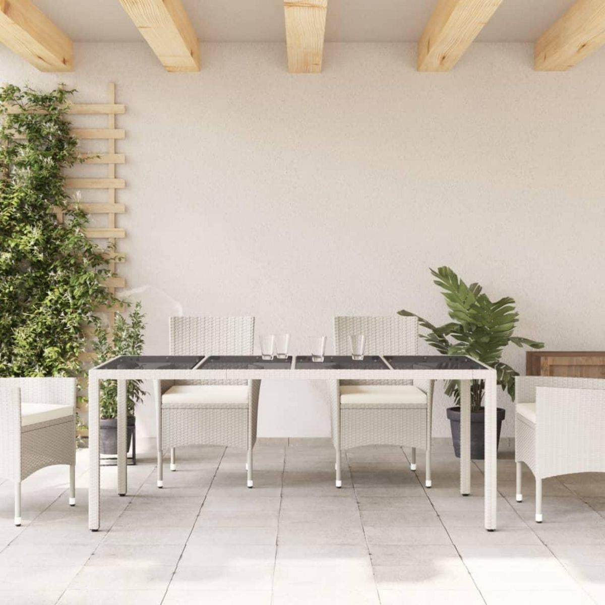 VIDAXL Table de jardin avec dessus en verre blanc resine tressee