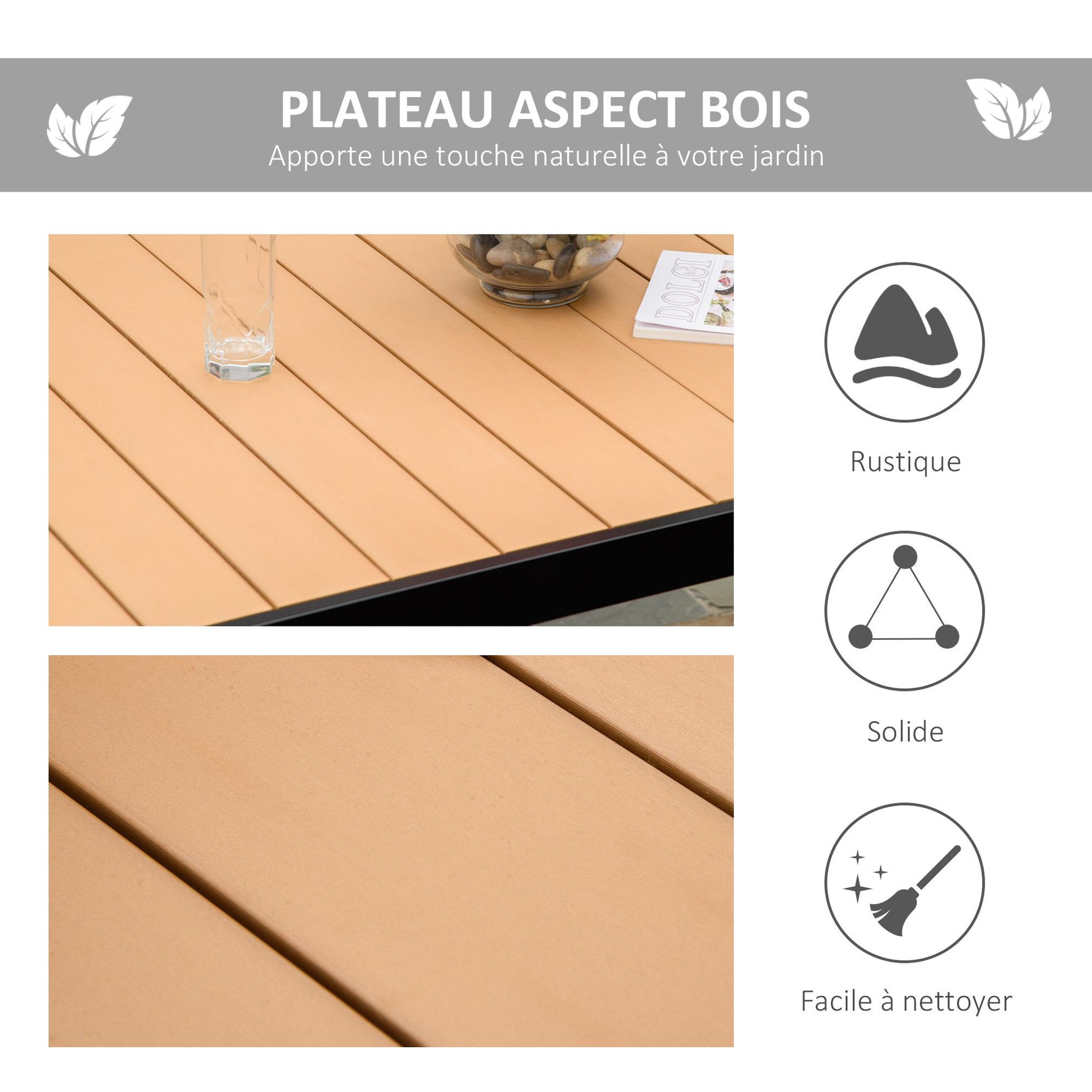 Voir la diapositive 4 : OUTSUNNY Table de jardin 6 personnes dim. 140 x 90 x 74 cm aluminium noir plastique effet bois naturel