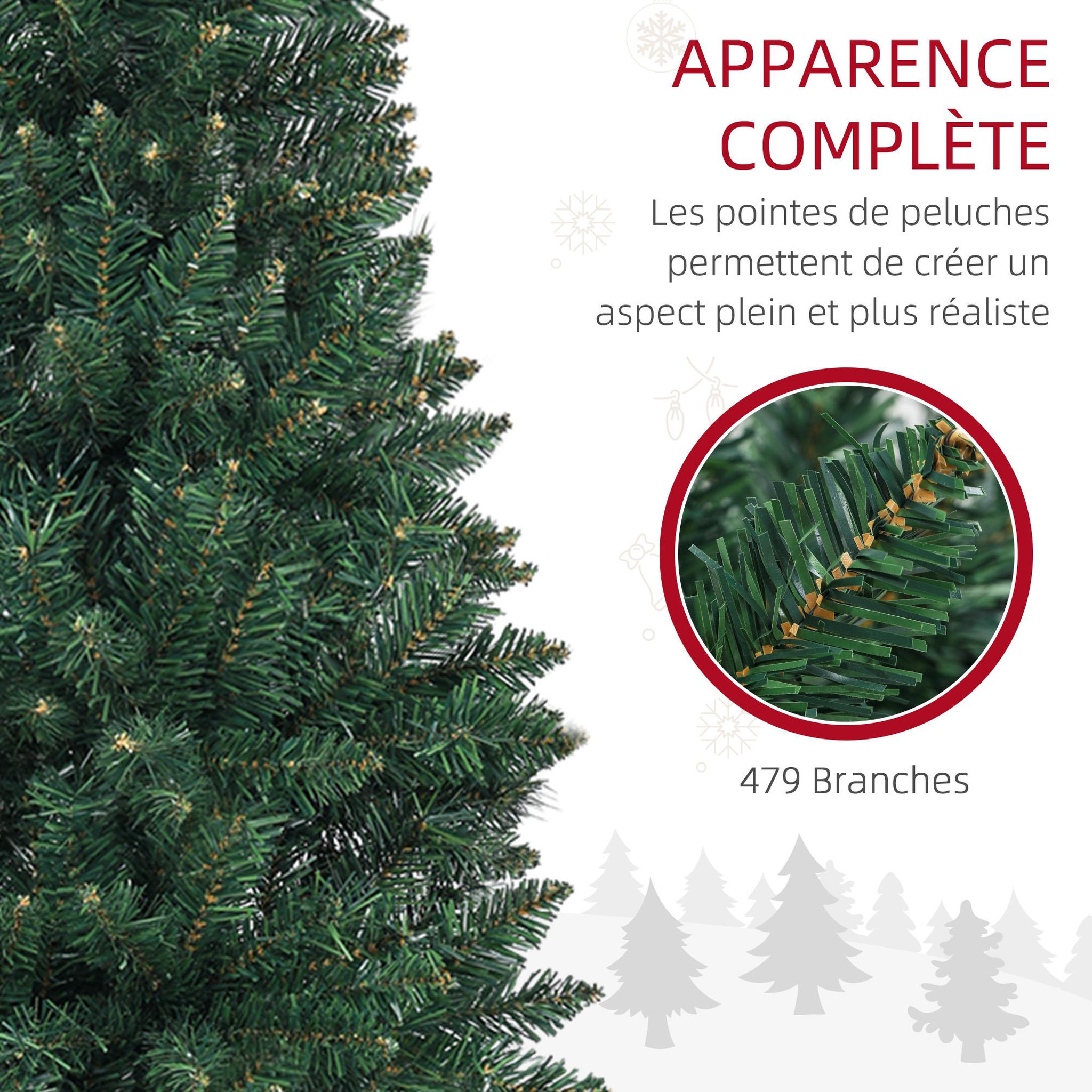 Voir la diapositive 5 : HOMCOM Sapin de Noël artificiel 180 cm slim avec support en acier pliable, 479 branches épines, décoration de Noël effet réaliste, vert