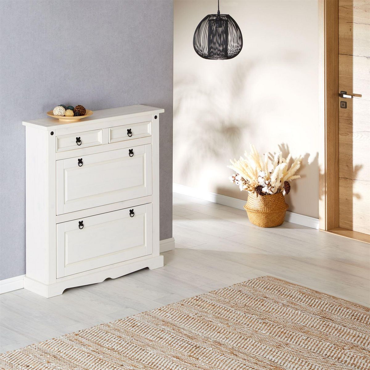 IDIMEX Meuble à chaussures en pin TEQUILA style mexicain, 2 abattants et 2 tiroirs