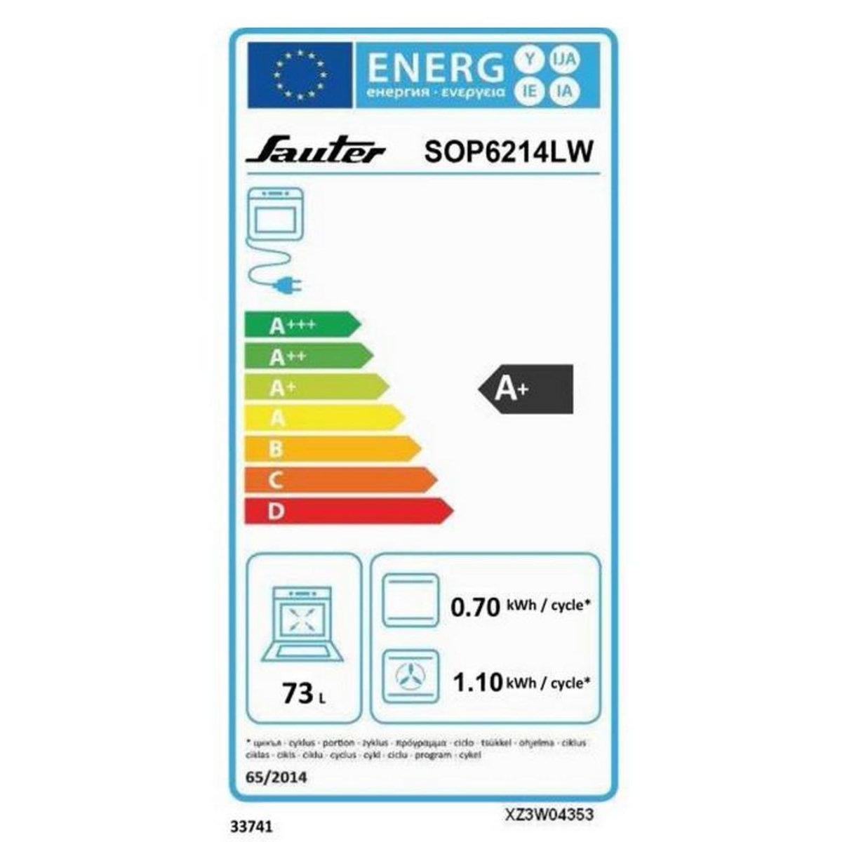 Sauter Four intégrable multifonction 73l 60cm a+ pyrolyse blanc - sop6214lw