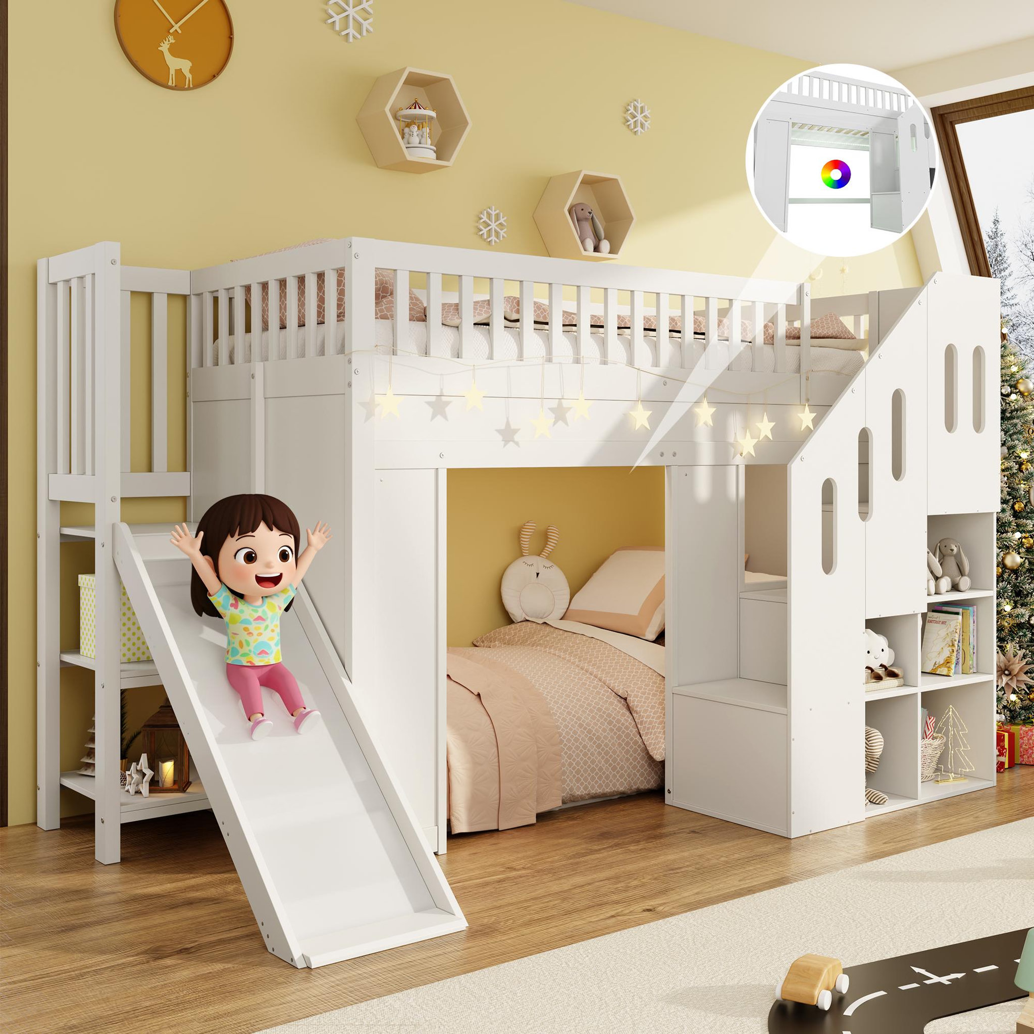 Voir la diapositive 2 : MERAX Lit combiné enfant 90x200 cm coloris blanc led pin