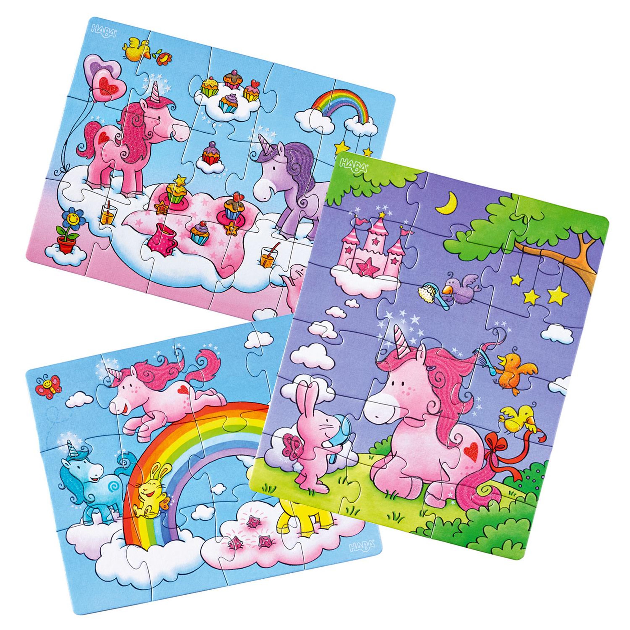 Voir la diapositive 5 : Haba Puzzles de 12 à 18 pièces : 3 puzzles : licornes dans les nuages