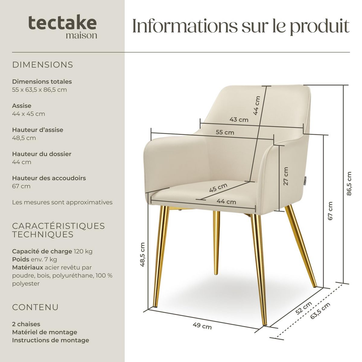 tectake Fauteuil en velours rembourré beige Lot de 2