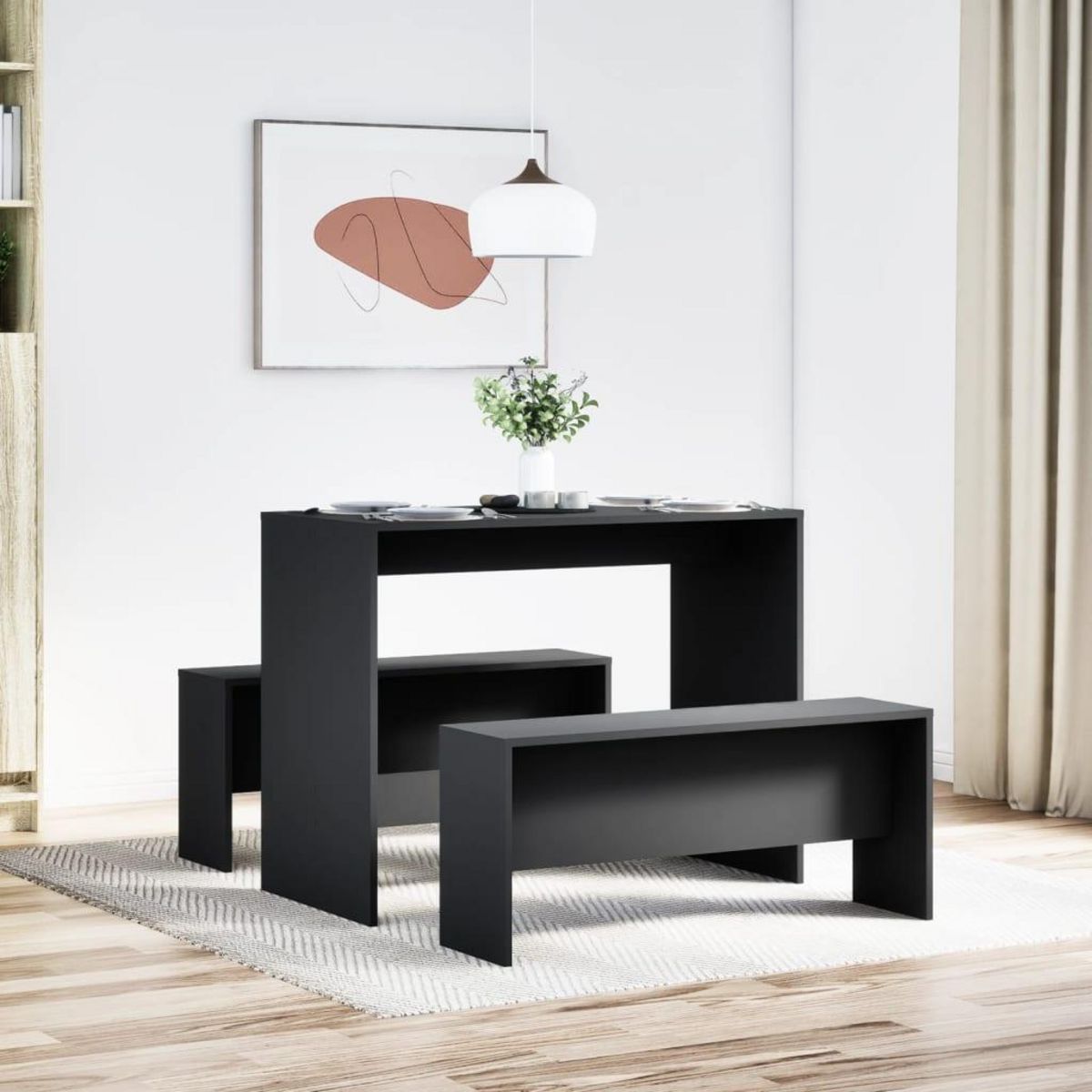 VIDAXL Ensemble table a manger et bancs 3 pcs noir bois d'ingenierie