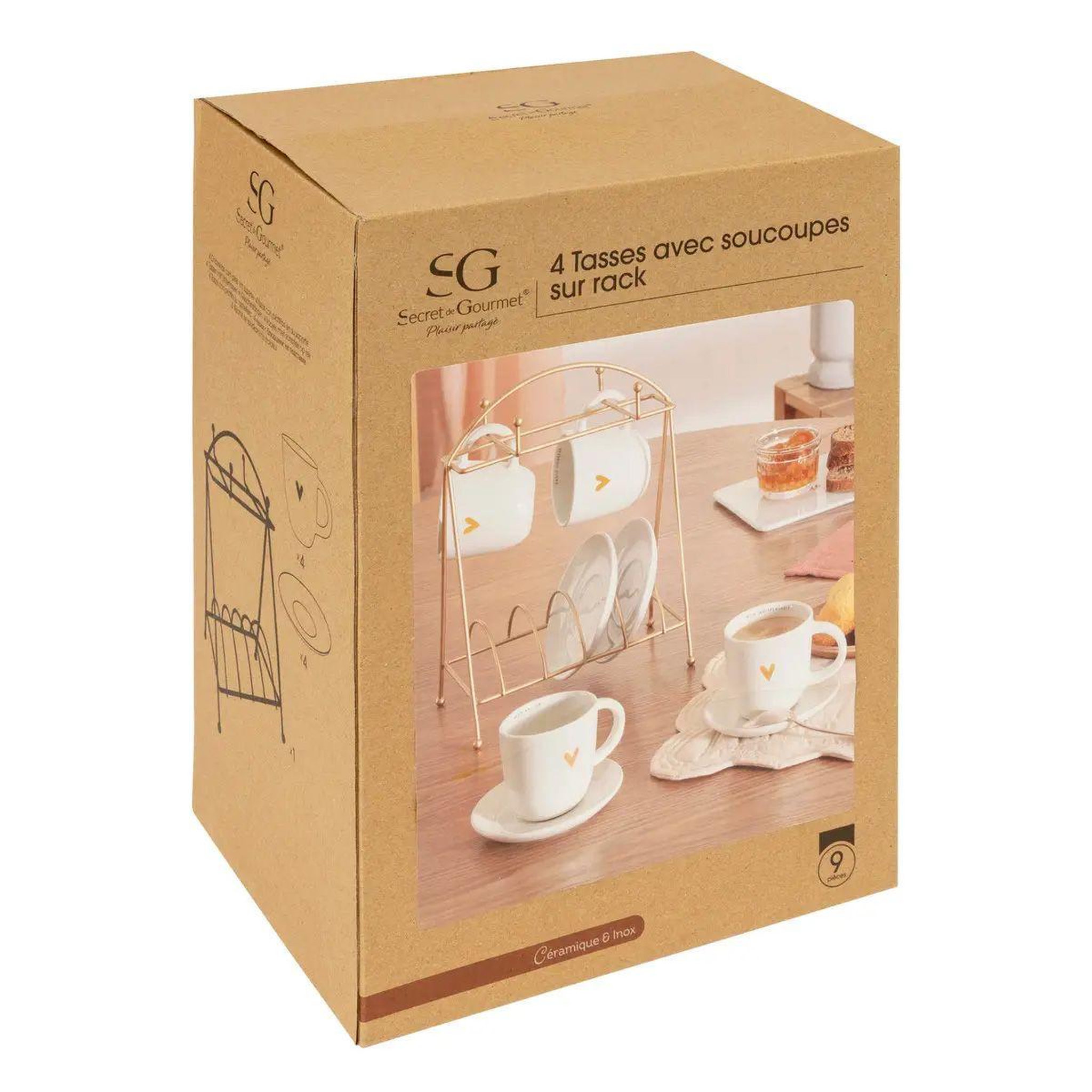 Voir la diapositive 5 : SECRET DE GOURMET Lot de 4 tasses & soucoupes sur rack  the floral  26cm blanc