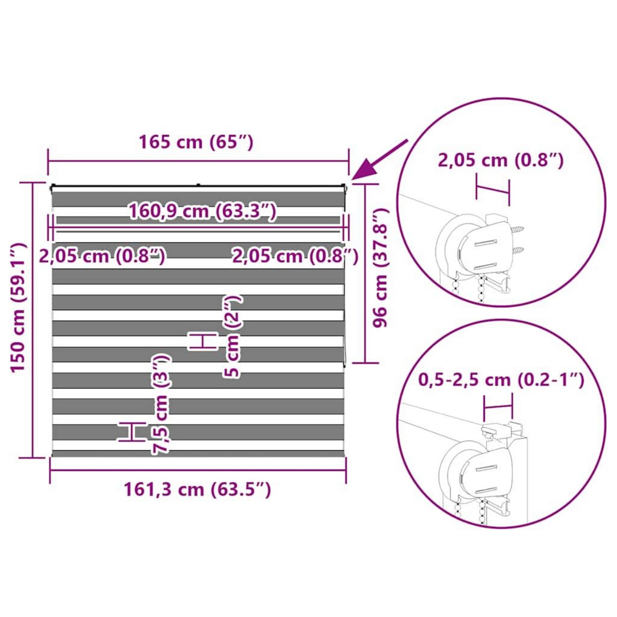 VIDAXL Store zebre gris fonce largeur du tissu 160,9 cm polyester