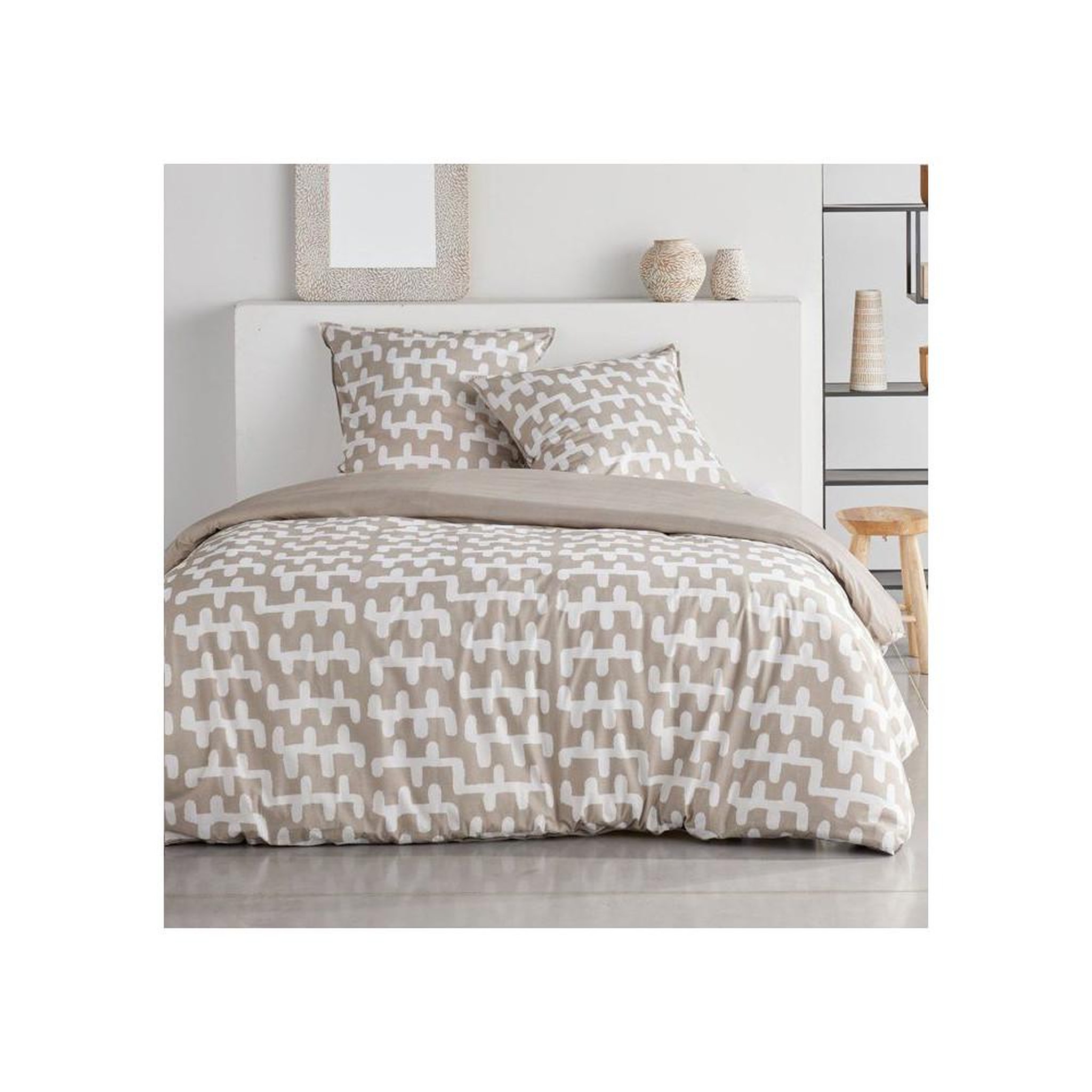 Today Parure de lit today sunshine coton beige taupe blanc imprimé réversible housse de couette 240 x 220 cm et 2 taies 63 x 63