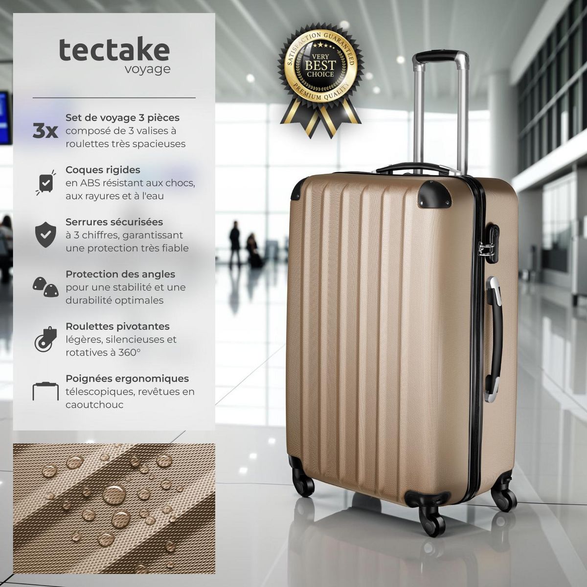 tectake Set de valises trolley rigides 3 parties en plastique ABS robuste champagne