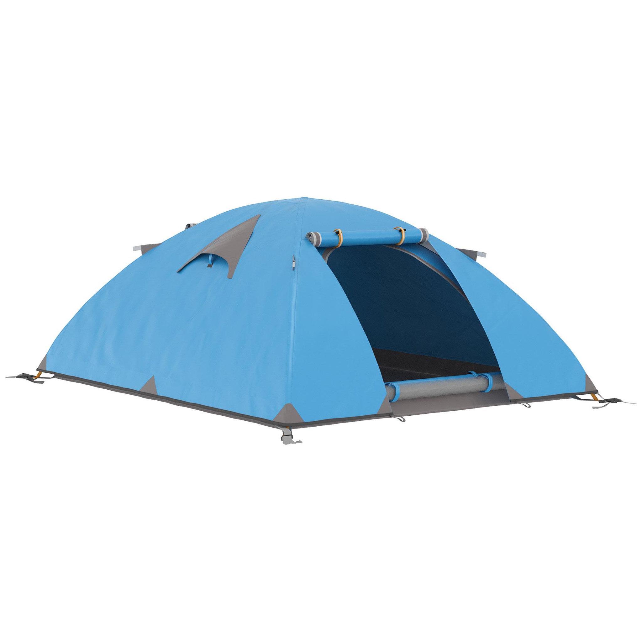 Voir la diapositive 1 : OUTSUNNY Tente de camping 2-3 personnes dim. 268L x 214l x 103H cm - 2 portes zippées, tapis sol, sac transport - alu. polyester gris bleu