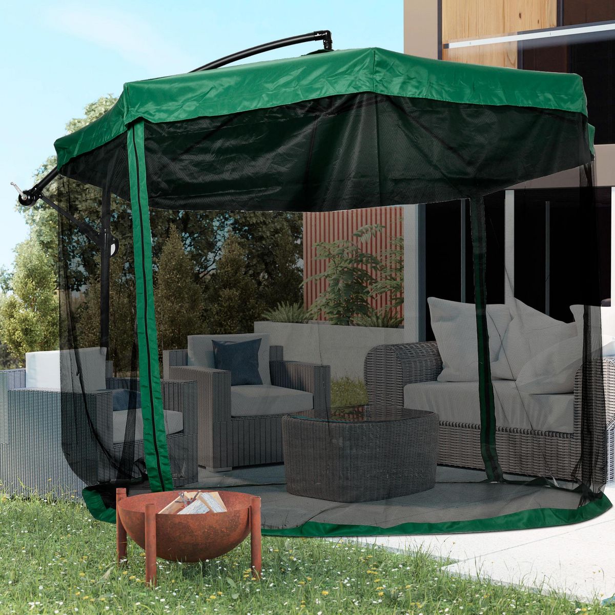 OUTSUNNY Parasol déporté octogonal inclinable pivotant manivelle moustiquaire pied acier Ø 2,95 x 2,42H m vert