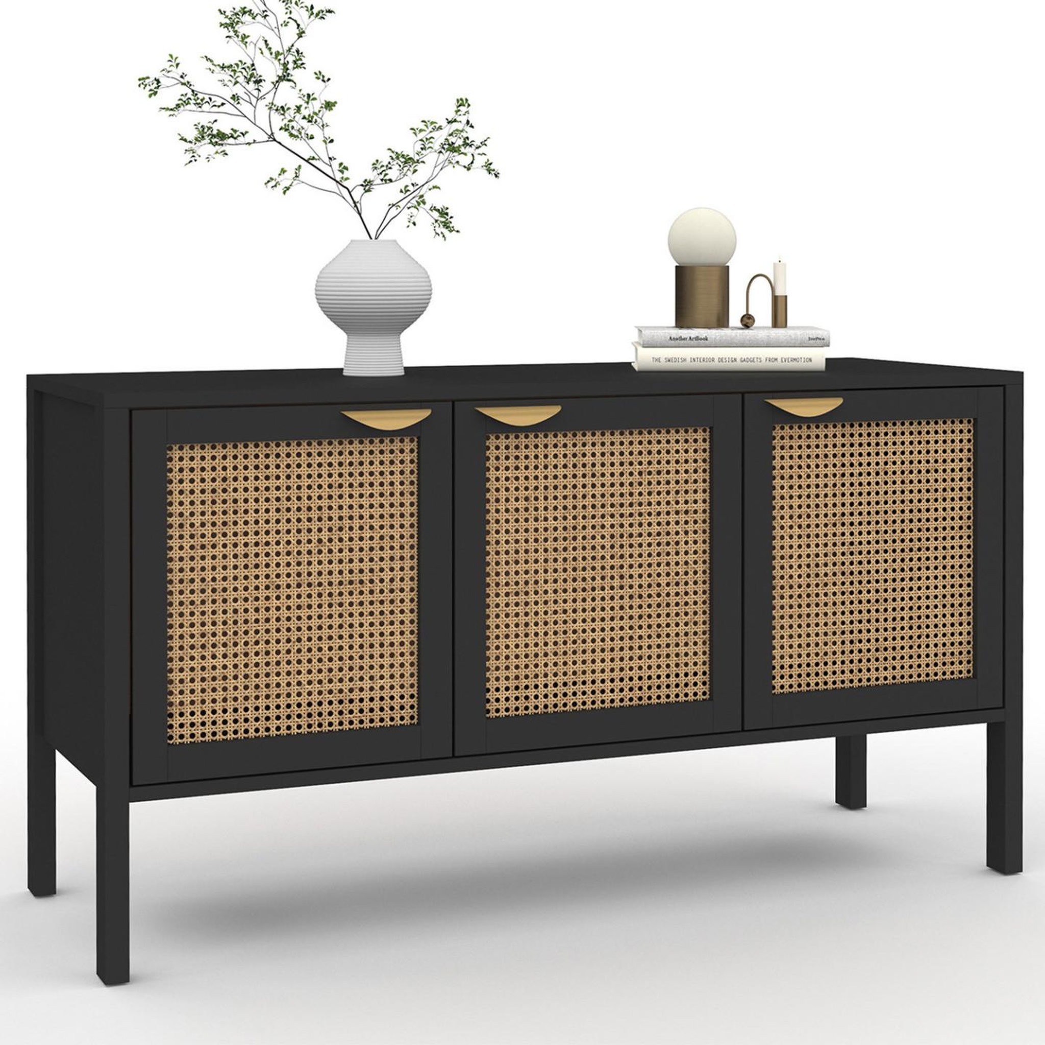ID MARKET Buffet bas 110 cm EDHEN 3 portes bois noir et cannage