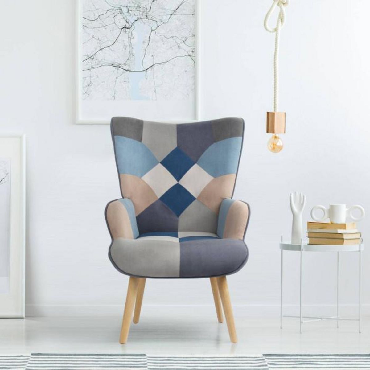 Paris Prix Fauteuil Scandinave en Velours  Patchwork  Gris & Bleu