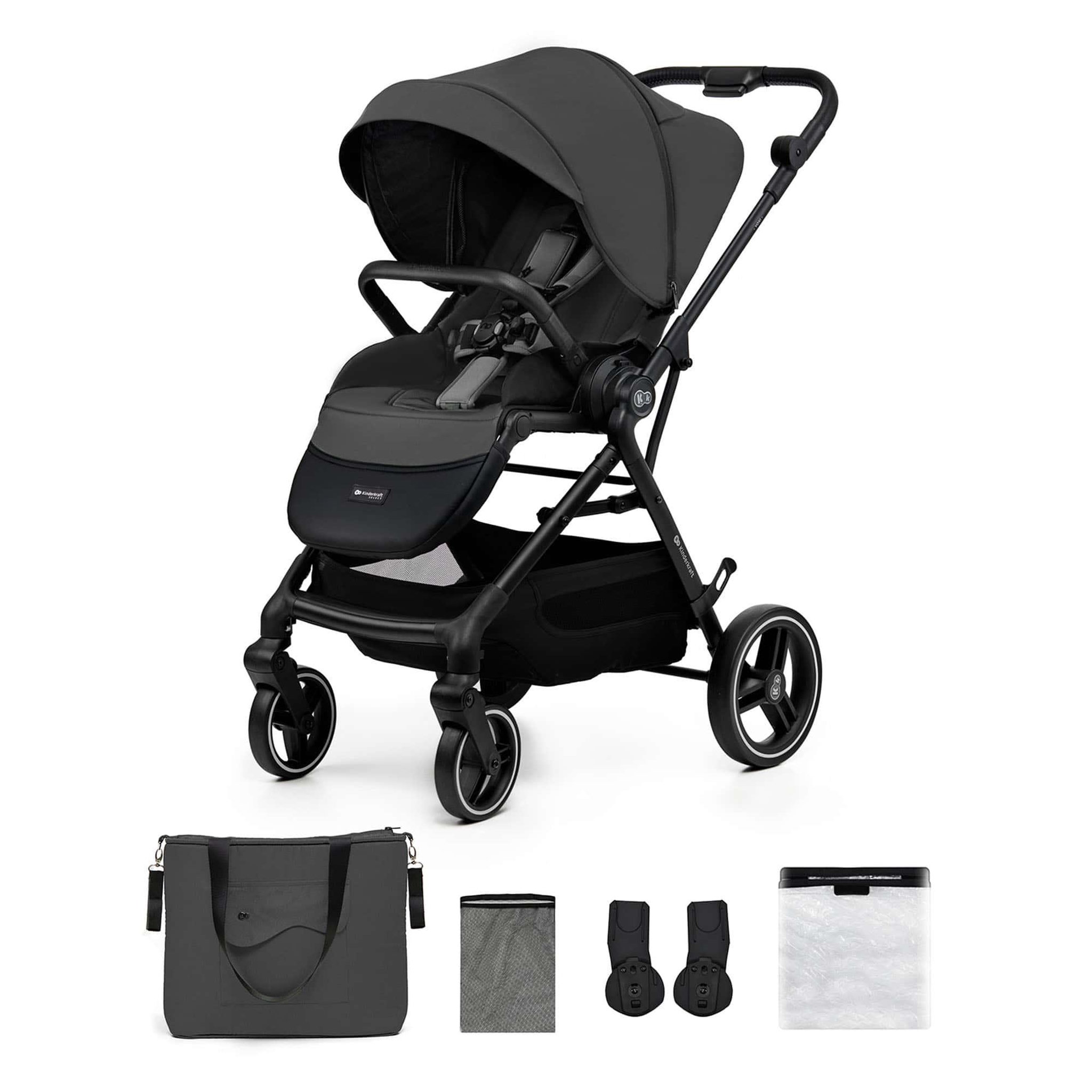 KINDERKRAFT Poussette avec nacelle et accessoires YOXI. Coloris disponibles : Beige, Vert, Noir, Gris