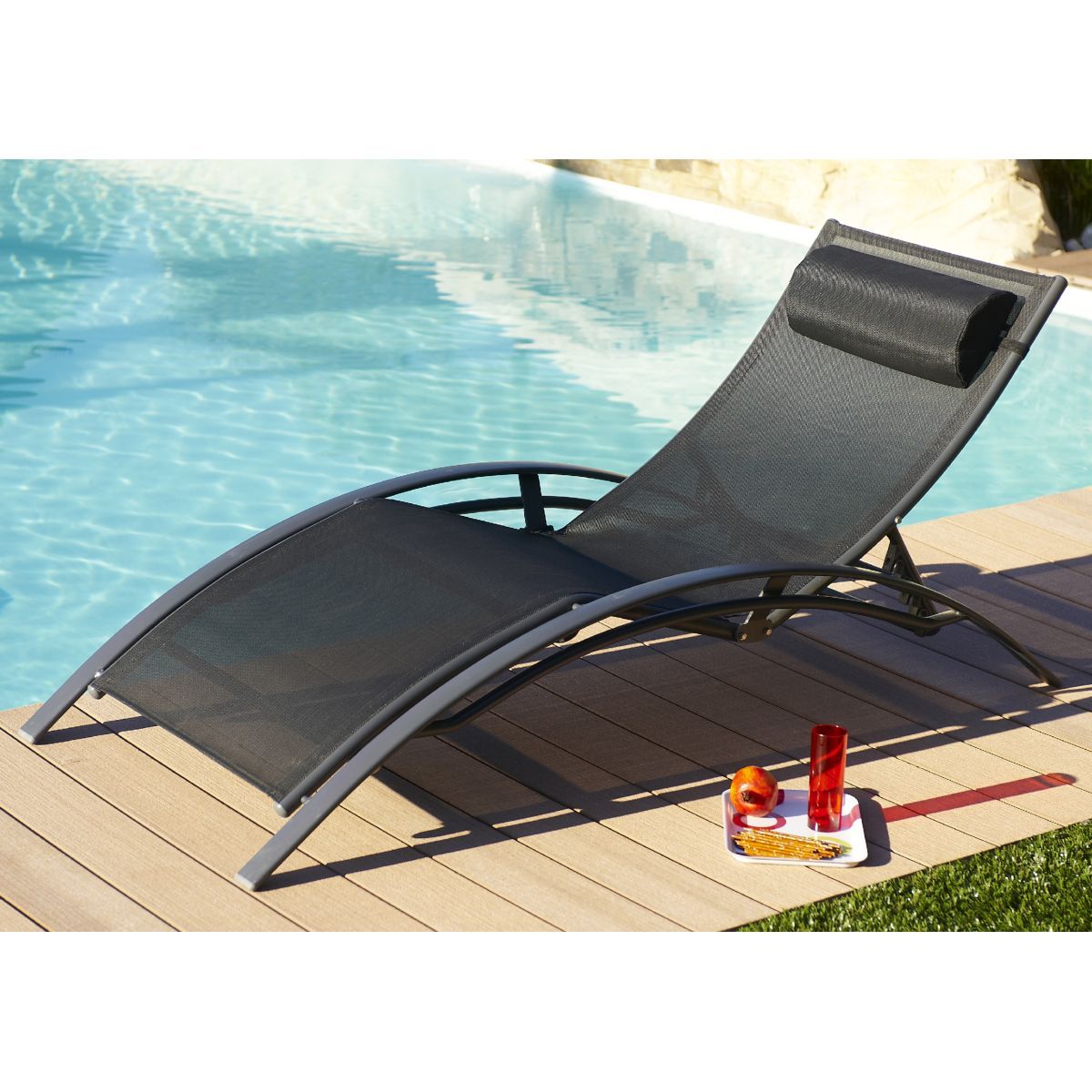 DCB GARDEN Lot de 2 bains de soleil - Aluminium et textilène - Noir