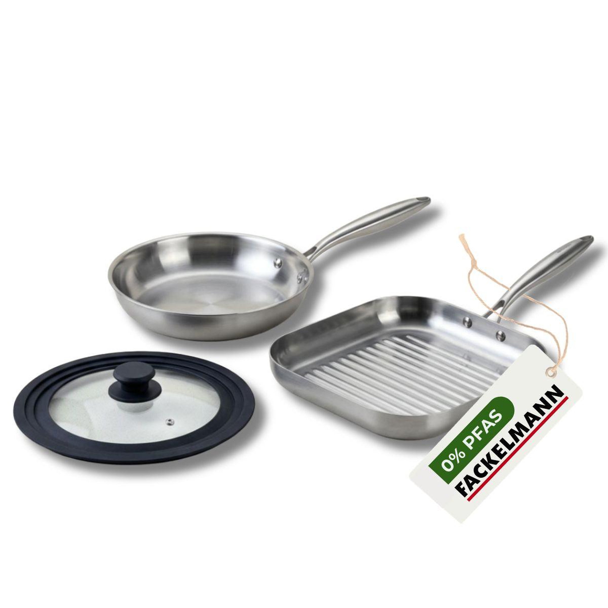 Fackelmann Poêle à frire 26 cm et gril 28 cm inox 18/10 triply et couvercle fackelmann vita3