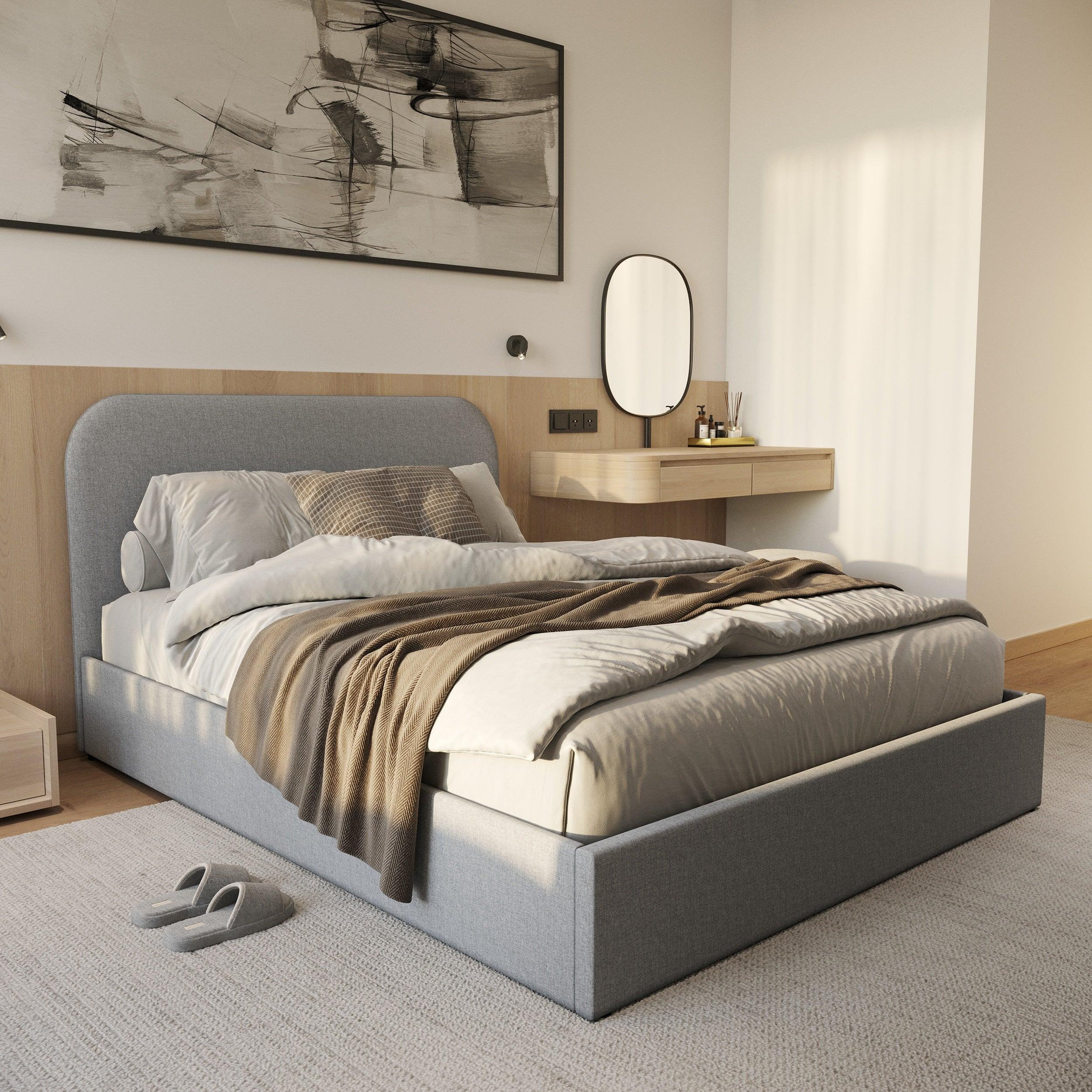 Voir la diapositive 2 : MAISON PAVANE Lit double 140x190 cm avec coffre en tissu gris-tilly
