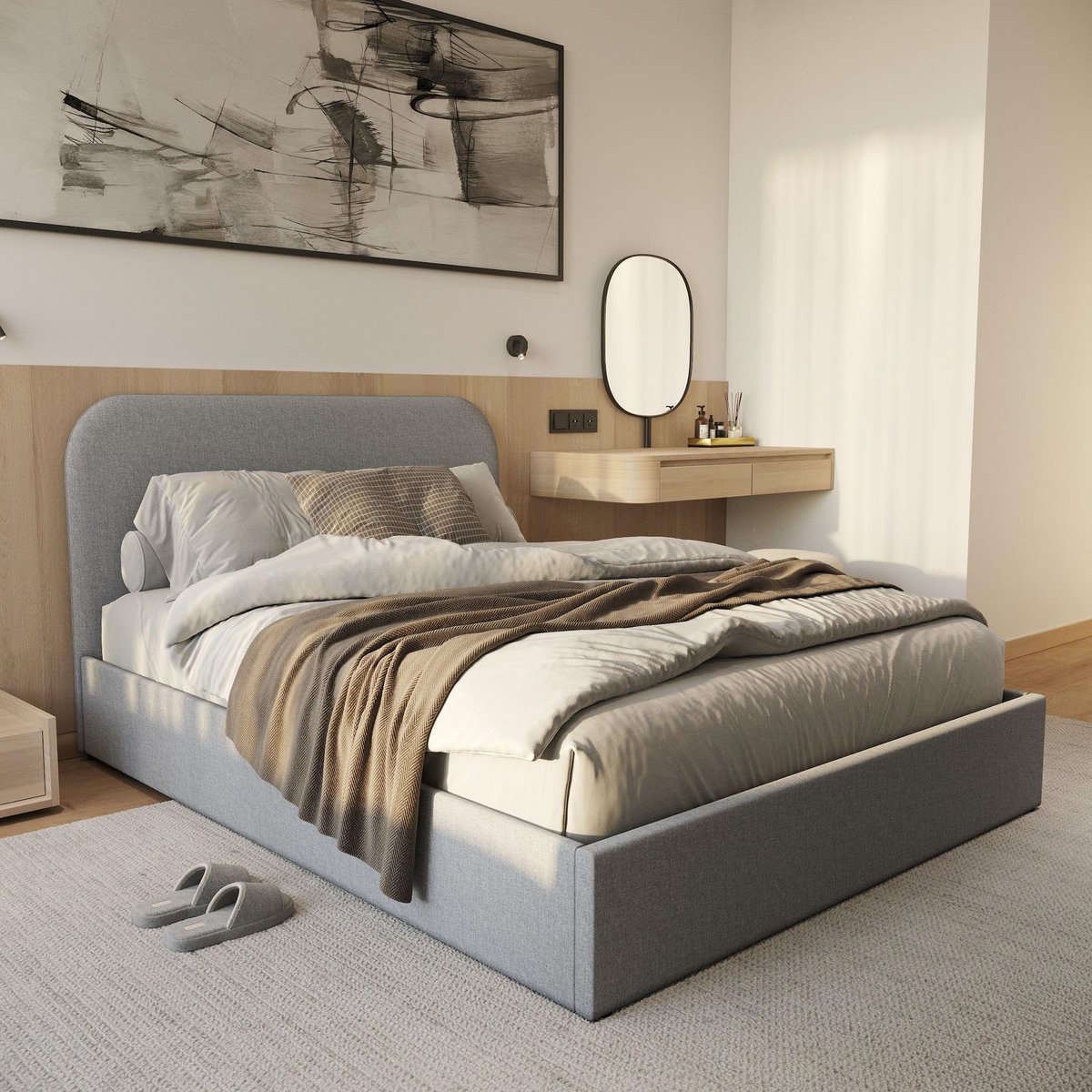 Rendez vous déco Lit double 140x190 cm avec coffre en tissu gris-Tilly