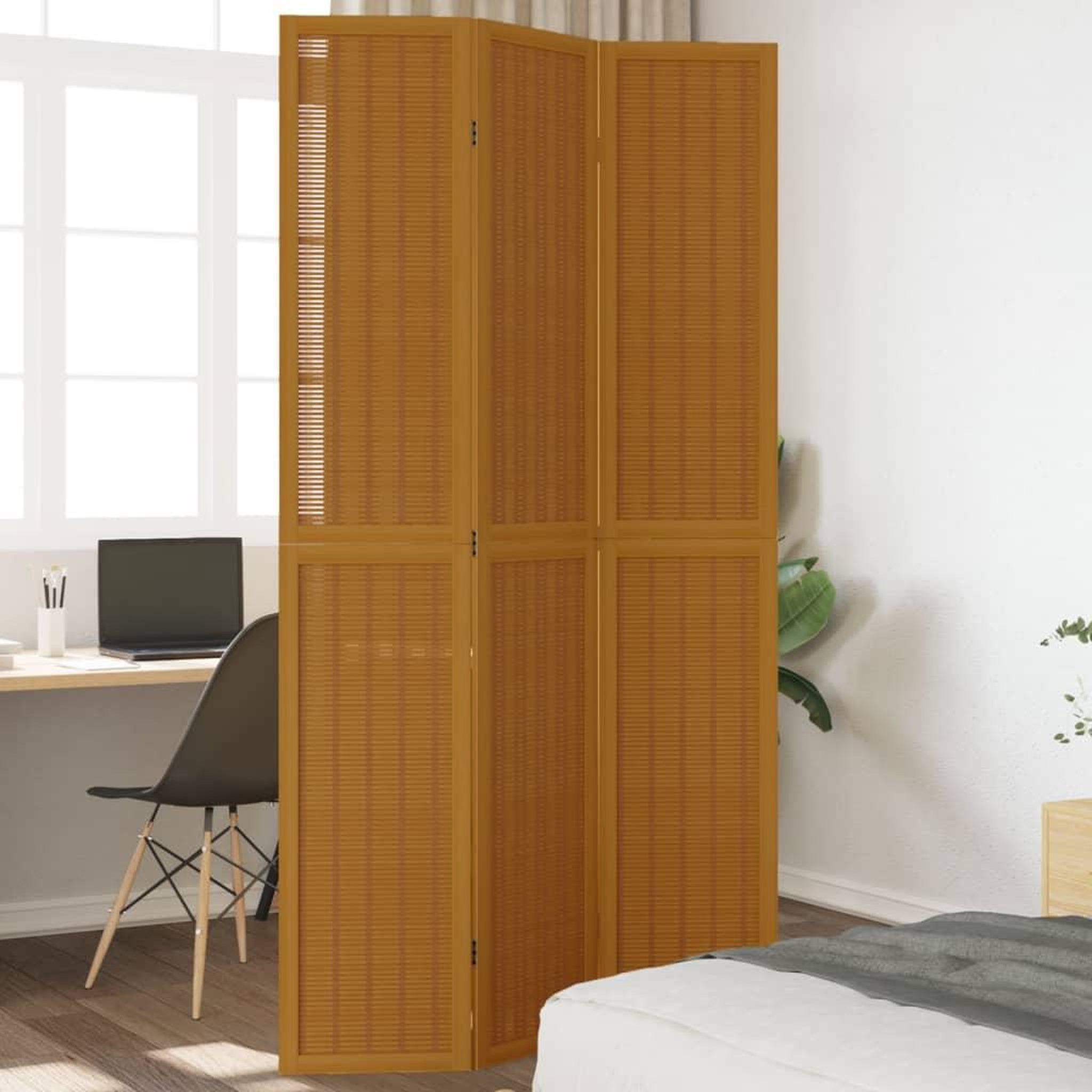 VIDAXL Cloison de separation 3 panneaux marron bois paulownia massif