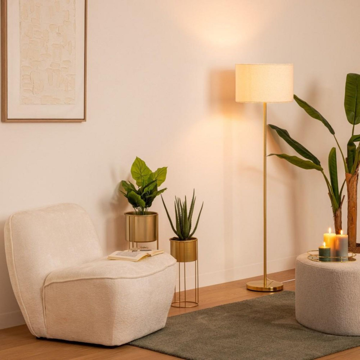 ATMOSPHERA Lampadaire doré 150cm avec abat jour bouclette