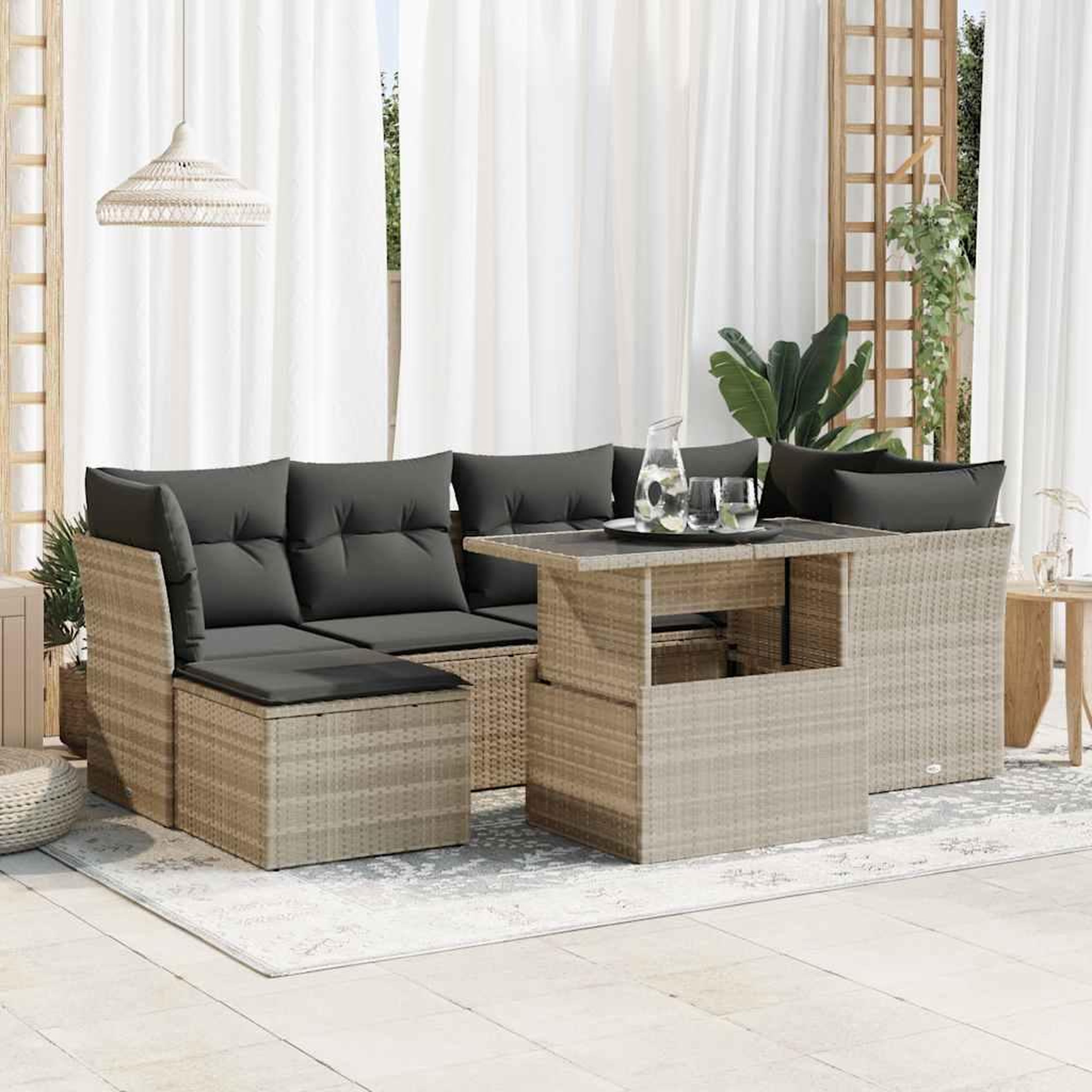 VIDAXL Salon de jardin avec coussins 7 pcs gris clair resine tressee
