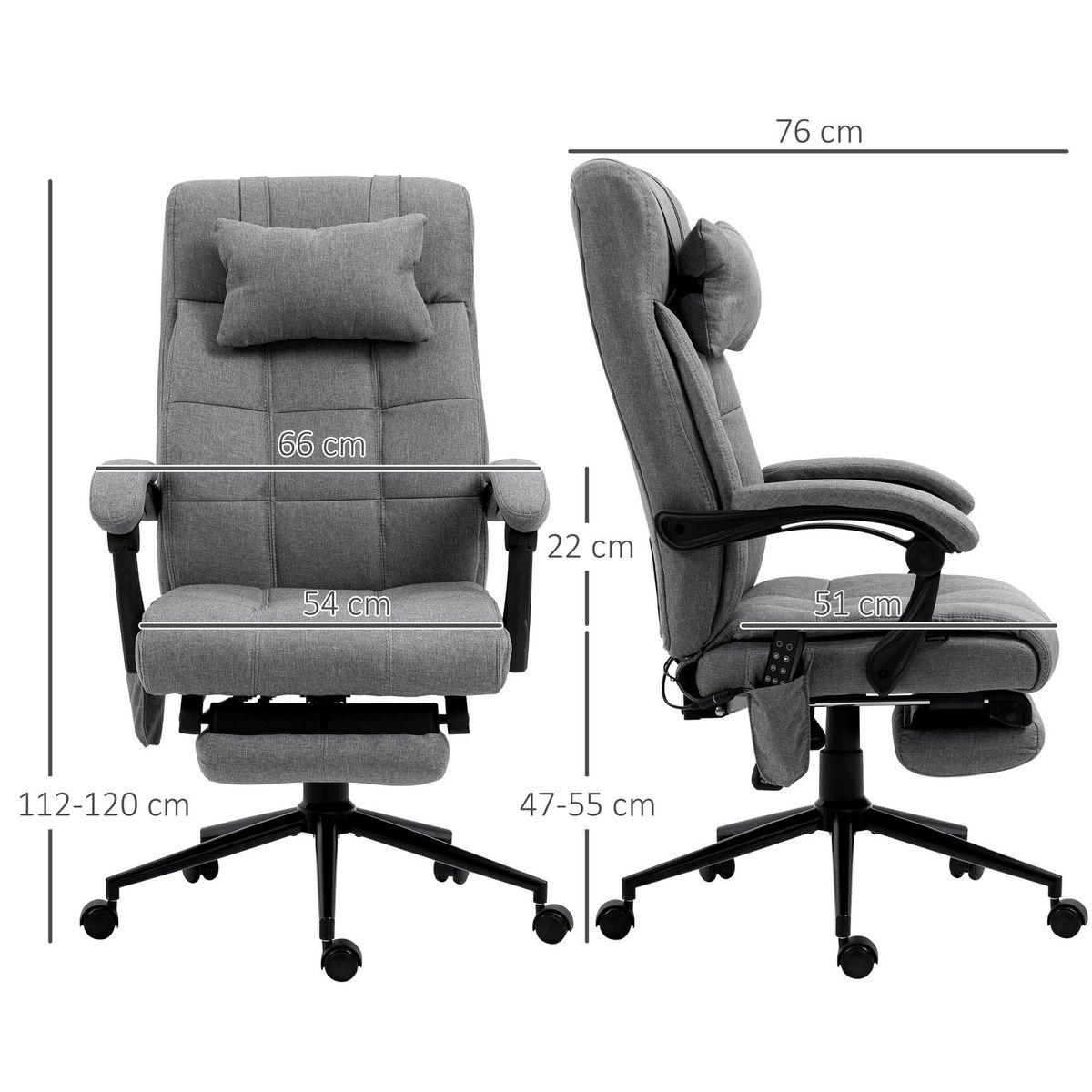 HOMCOM Chaise de bureau ergonomique design - fonctions massante et chauffante - inclinable, réglable - repose-pied - tissu gris