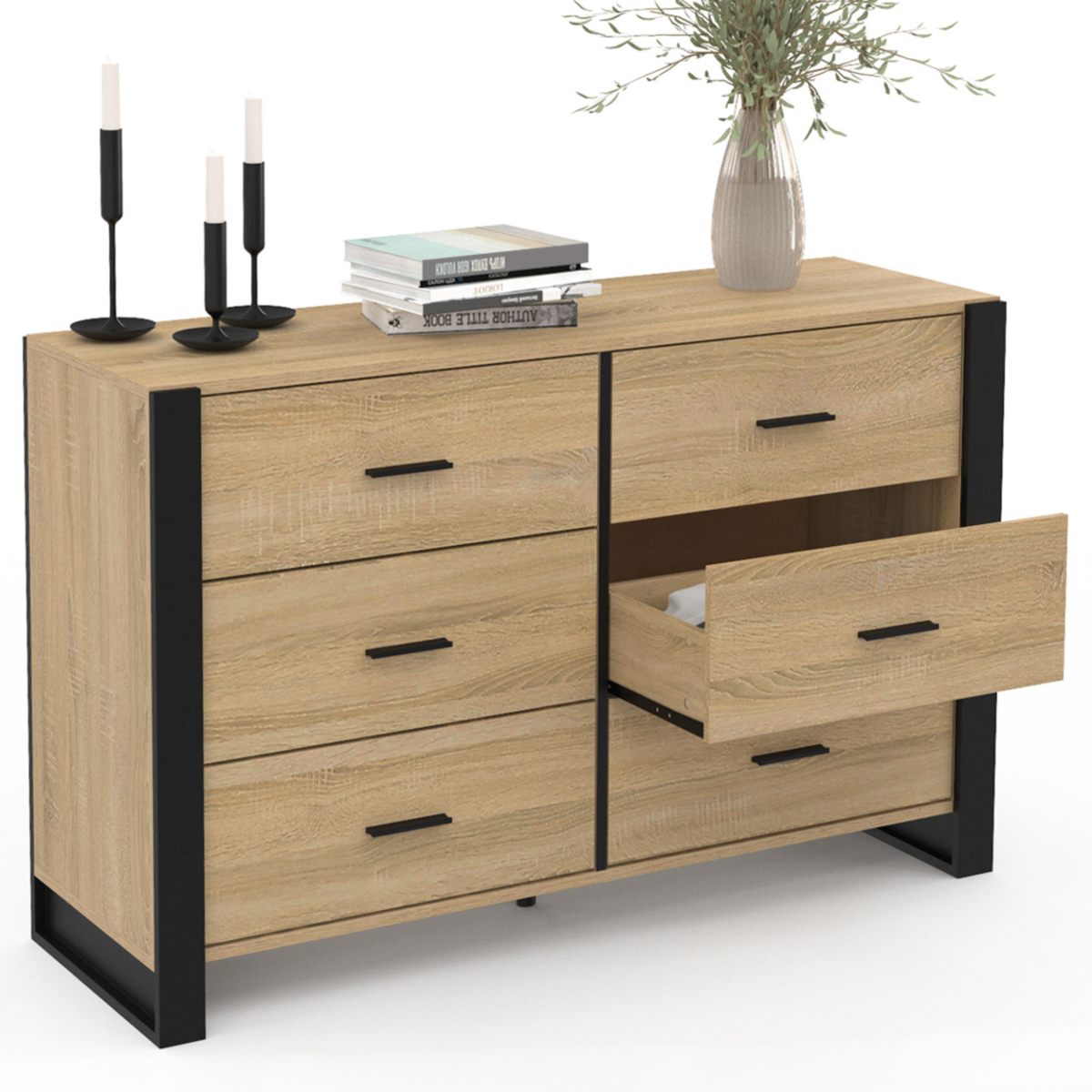 ID MARKET Commode 6 tiroirs ONYX 115 cm bois et noir