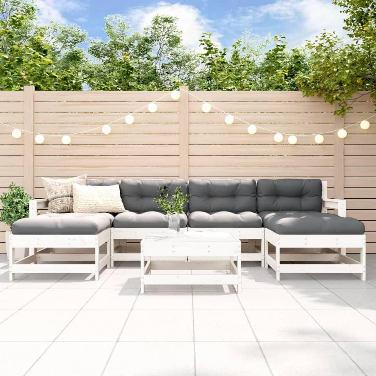 VIDAXL Salon de jardin 7 pcs avec coussins blanc bois massif