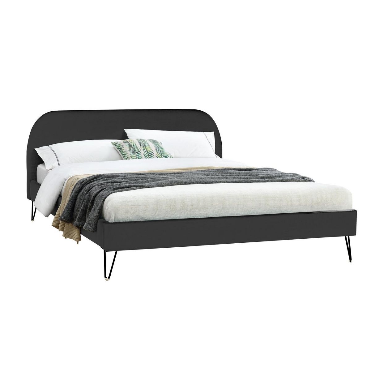 CONCEPT USINE Structure de lit 160 x 200 cm en velours noir et pieds noirs PHOENIX