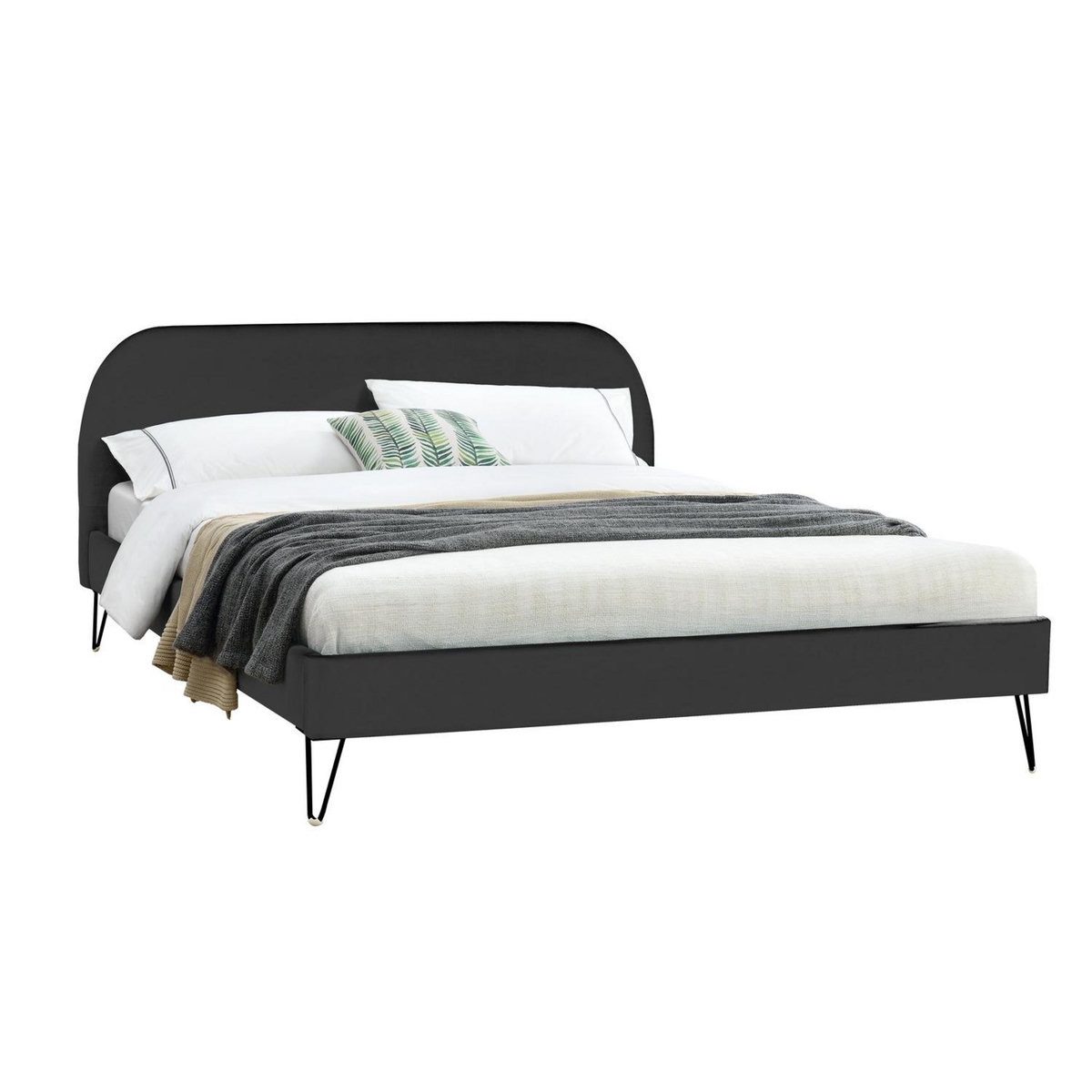 CONCEPT USINE Structure de lit 160 x 200 cm en velours noir et pieds noirs PHOENIX