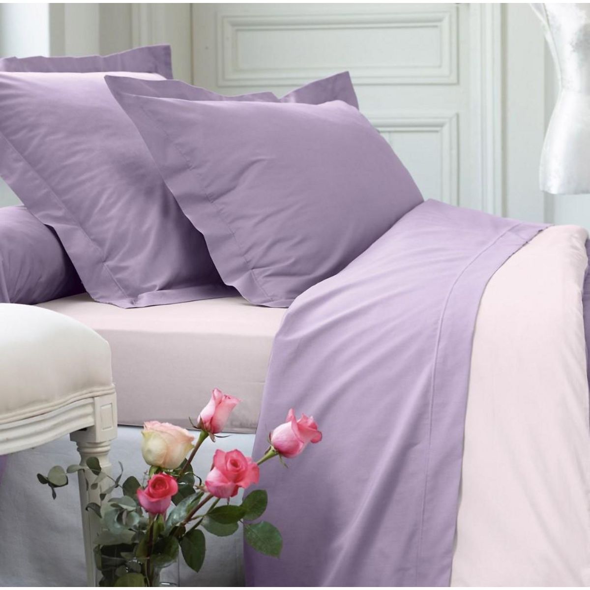Home collection Parure de housse de couette 100% coton 78fils elena paris -lilas violine