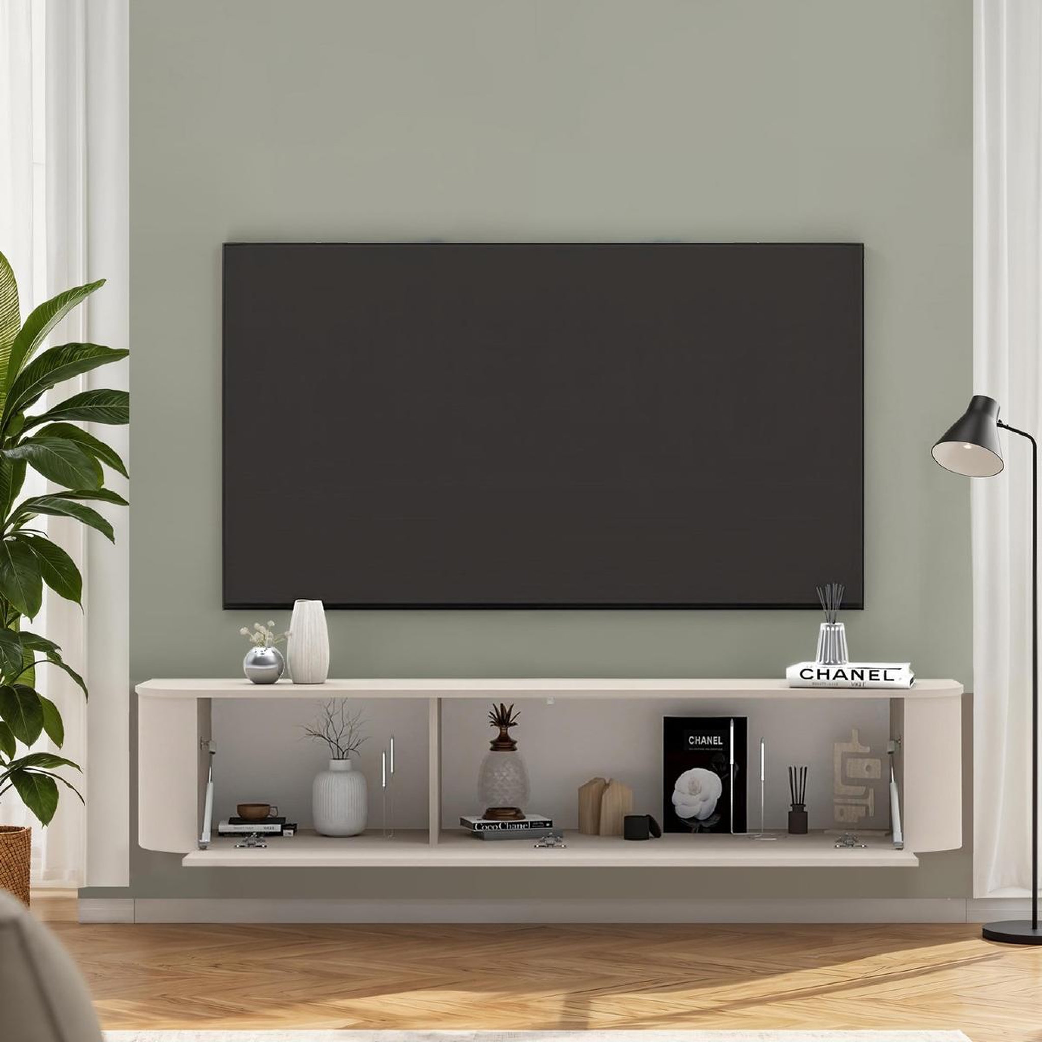 Voir la diapositive 4 : JLC KREATION Meuble tv mural suspendu beige 180cm olga