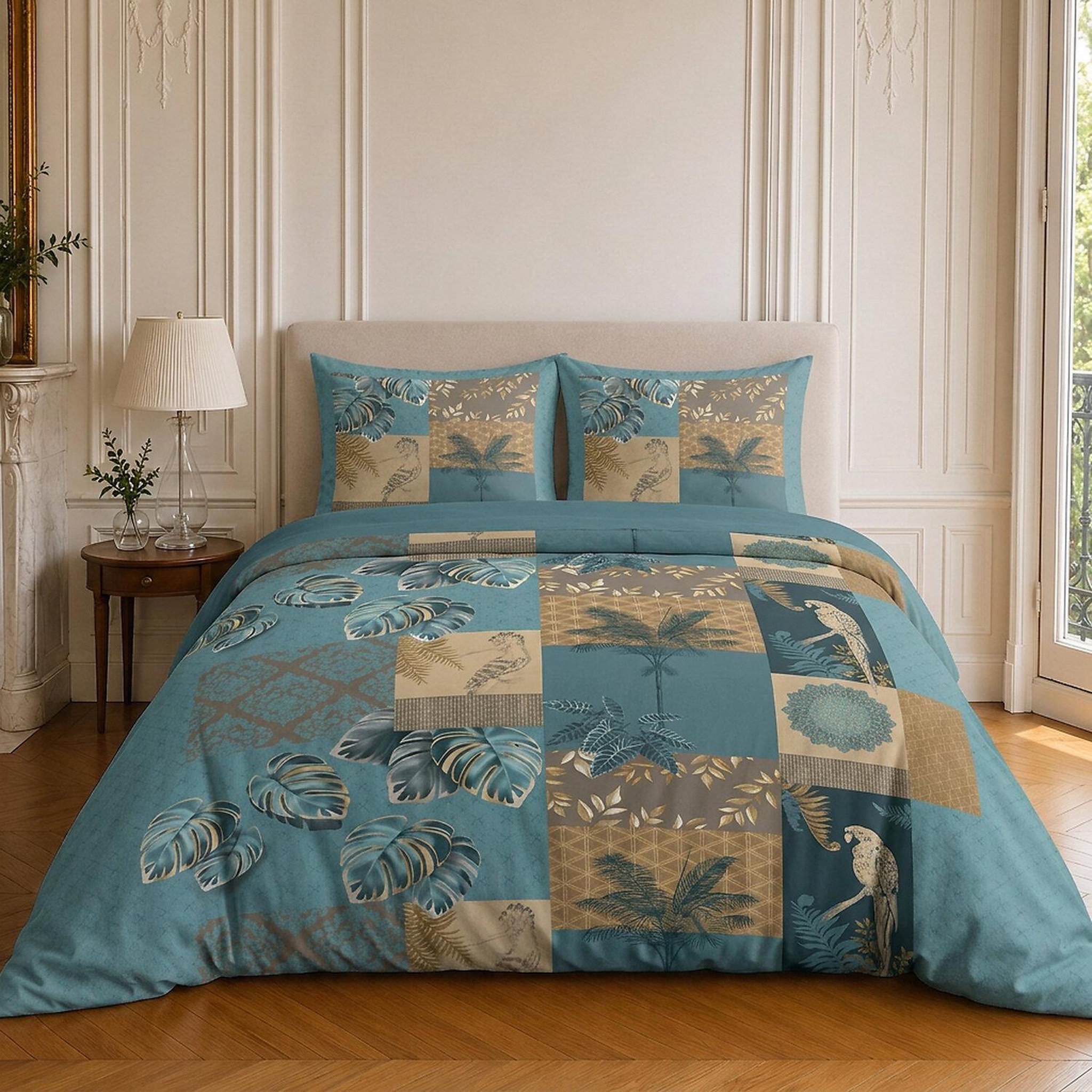 Home collection Parure housse de couette imprimée 100% coton 57 fils - suriname. Coloris disponibles : Bleu