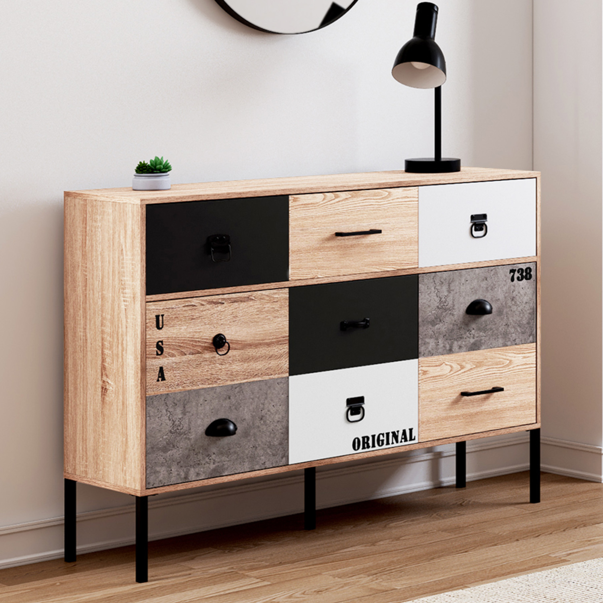 Voir la diapositive 2 : ID MARKET Buffet 3 portes 3 tiroirs 110 cm SACRAMENTO design industriel