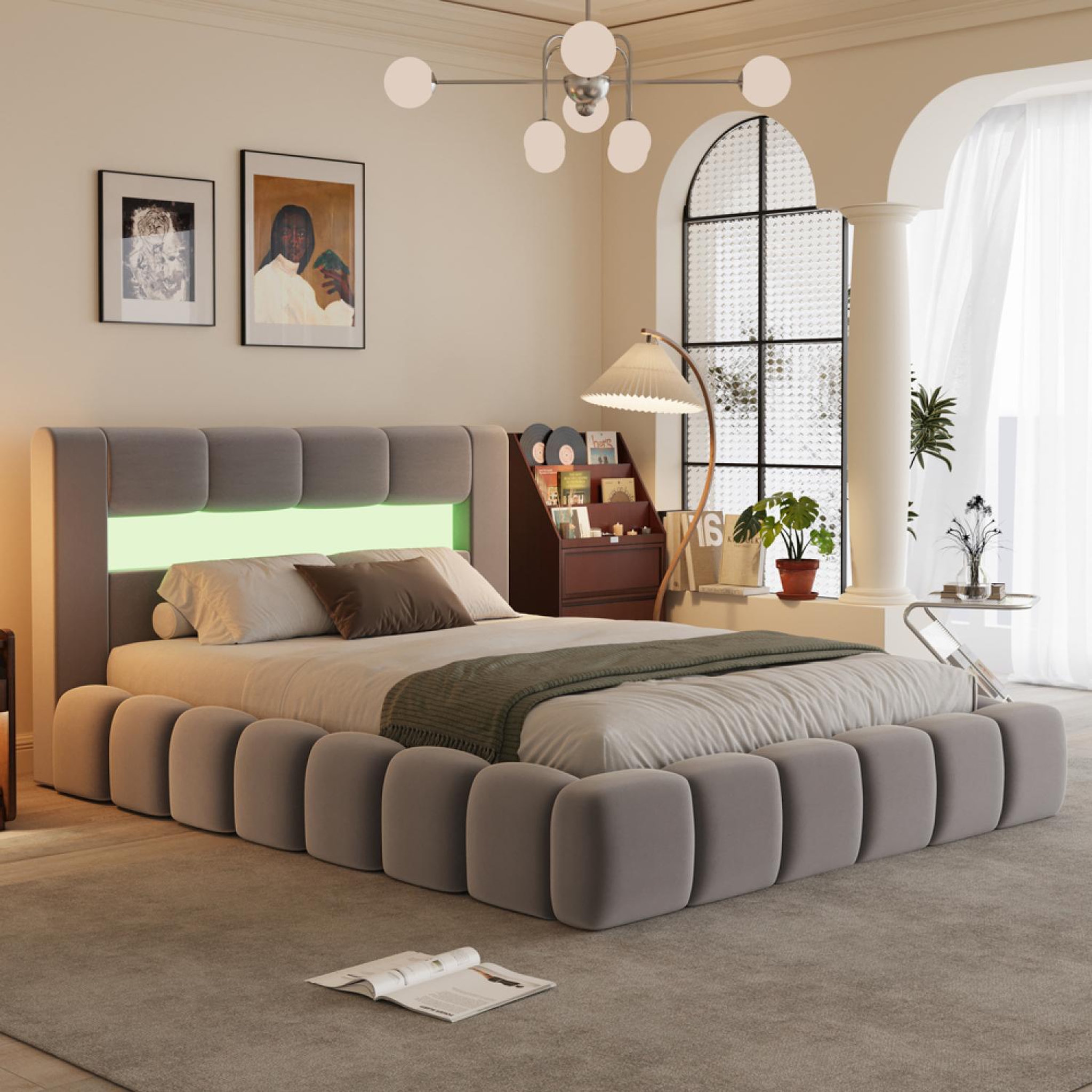 Voir la diapositive 3 : CONCEPT USINE Lit coffre led style nuage 180x200cm en velours gris avec tête de lit et sommier omaha