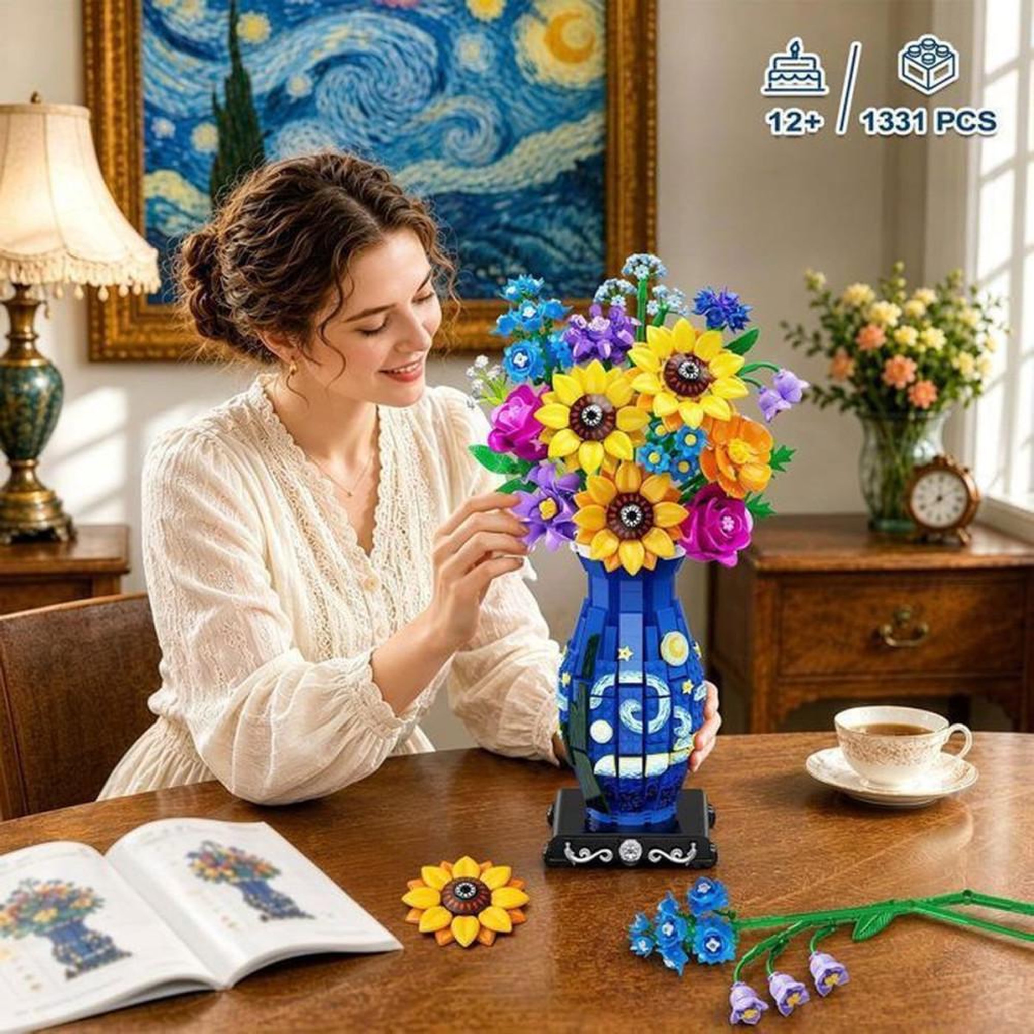 Voir la diapositive 4 : Kit de construction floral avec guirlande LED, vase bleu imprimé, 1331 pièces mini 3,6 mm