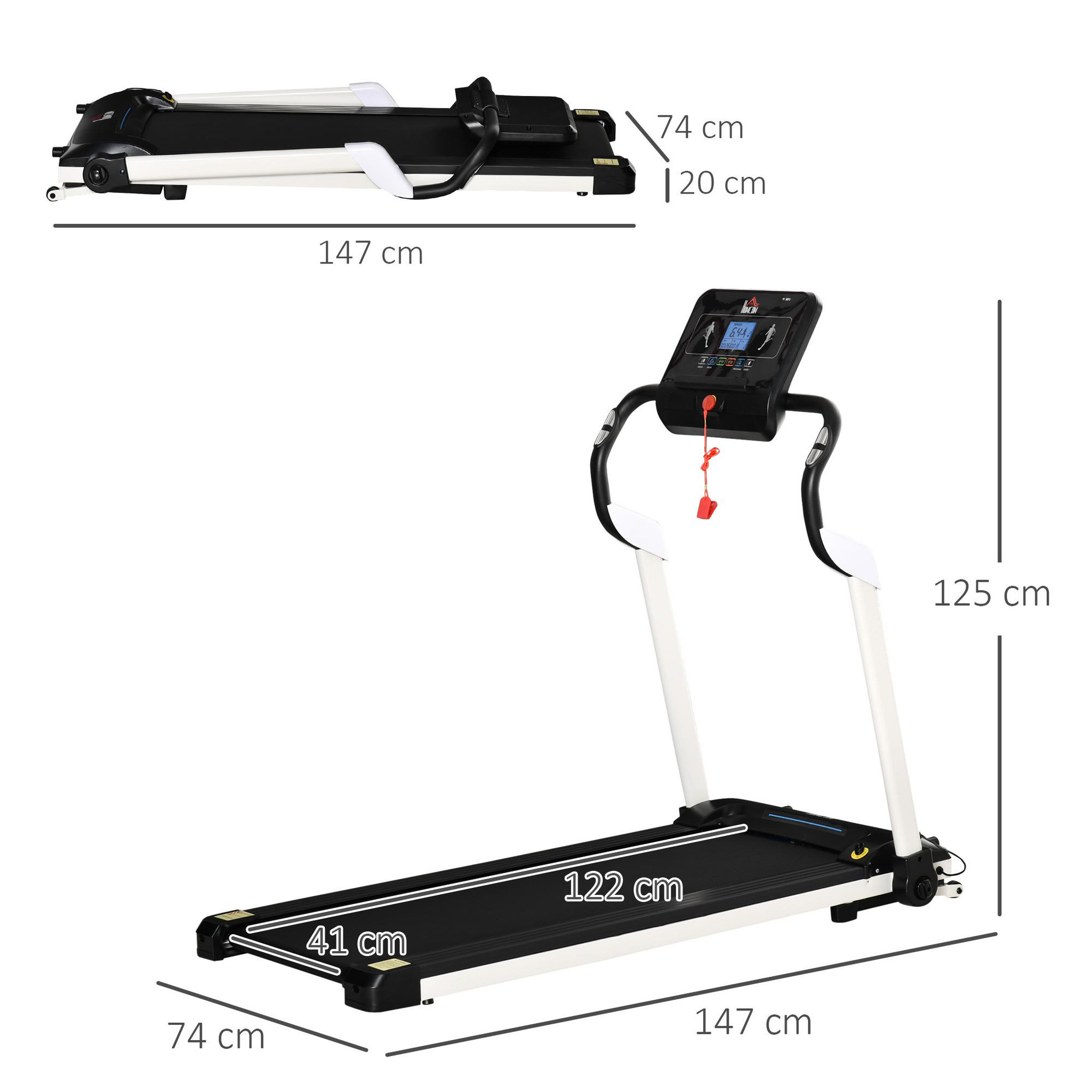 Voir la diapositive 3 : HOMCOM Tapis de course électrique pliable 1-12Km/h 400W grand écran LED multifonction 12 programmes clé sécurité acier ABS noir blanc