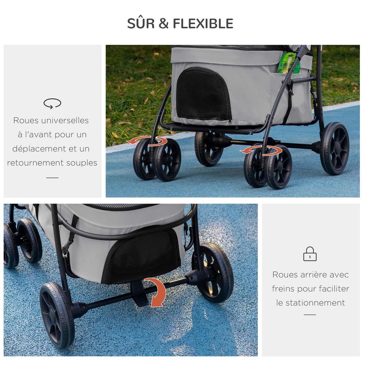 PAWHUT Poussette pour chien pliable nacelle 2 en 1 - poignée, housse zippée, pochette - acier oxford gris